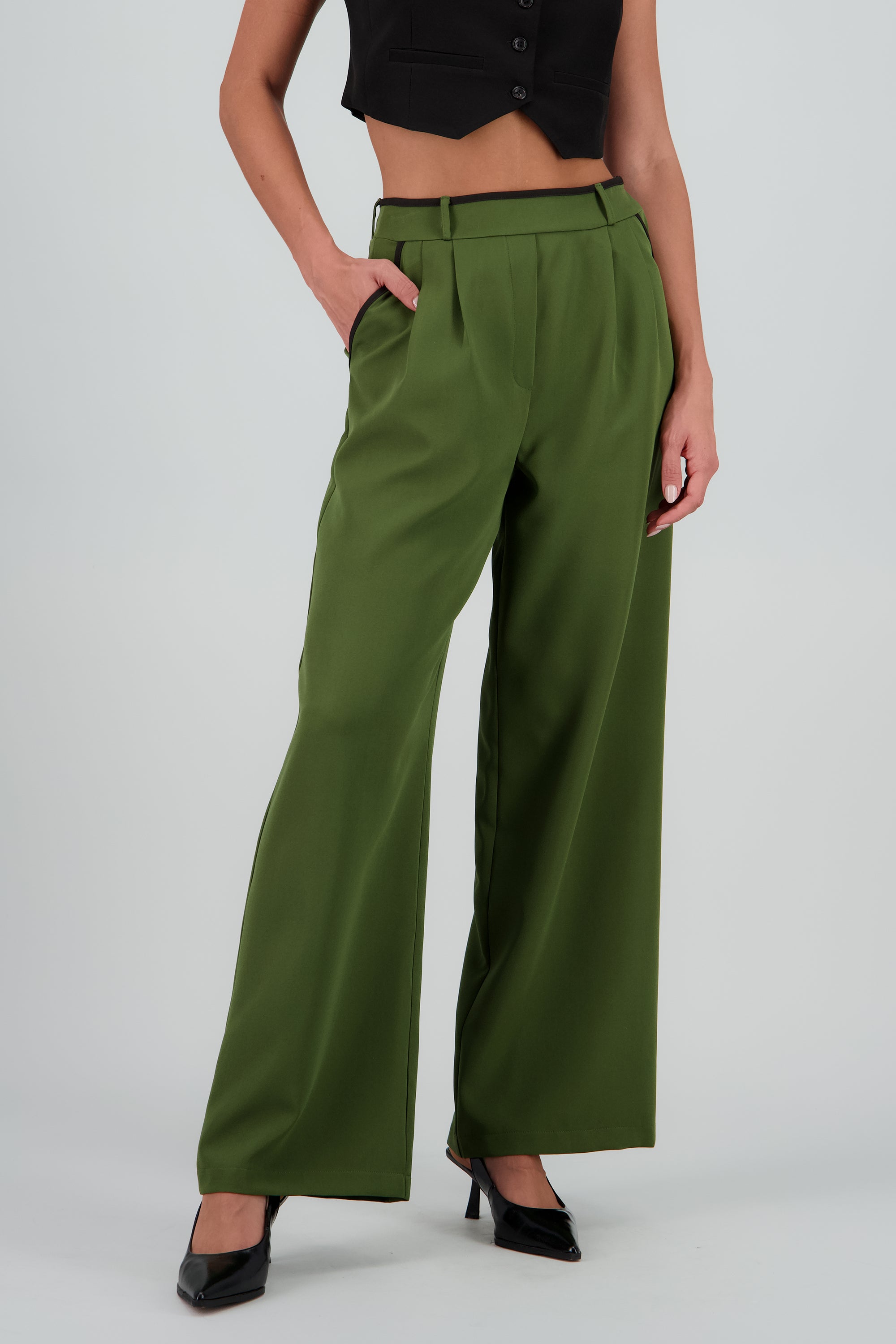 Pantalon sastre con pinza detalle contraste Hyp OLIVO COMBO