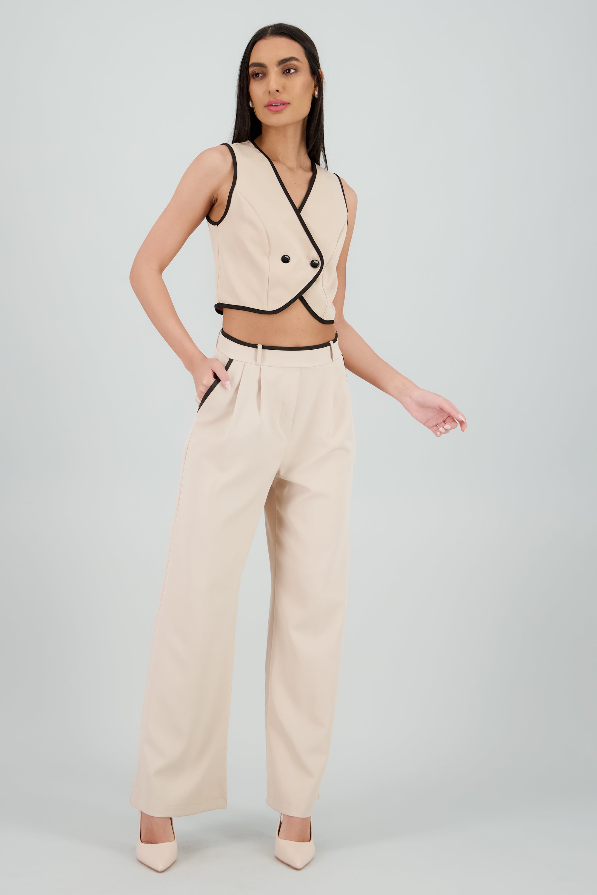 Pantalon sastre con pinza detalle contraste Hyp KHAKI COMBO