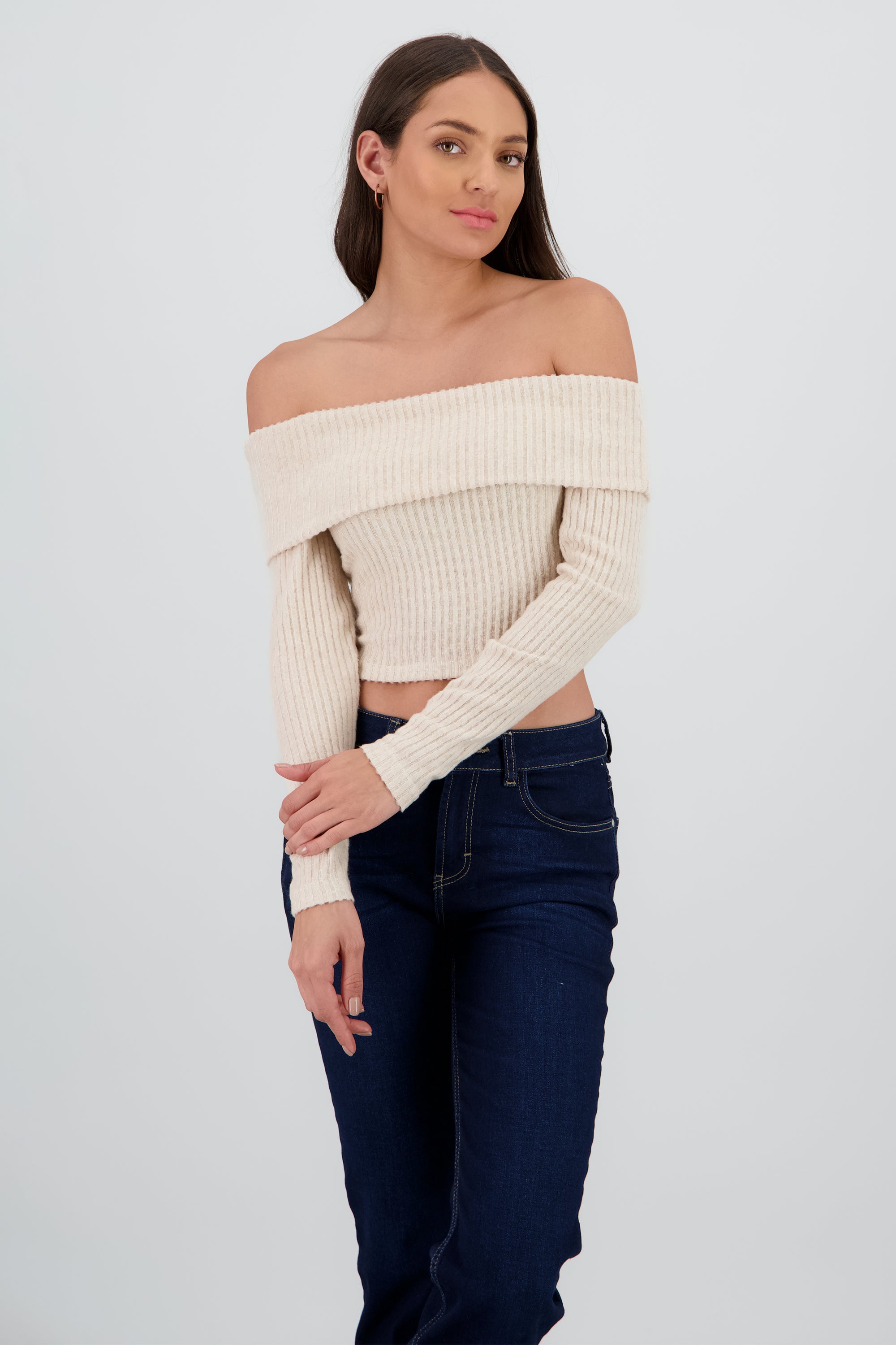 Top off shoulder liso tipo rib BEIGE