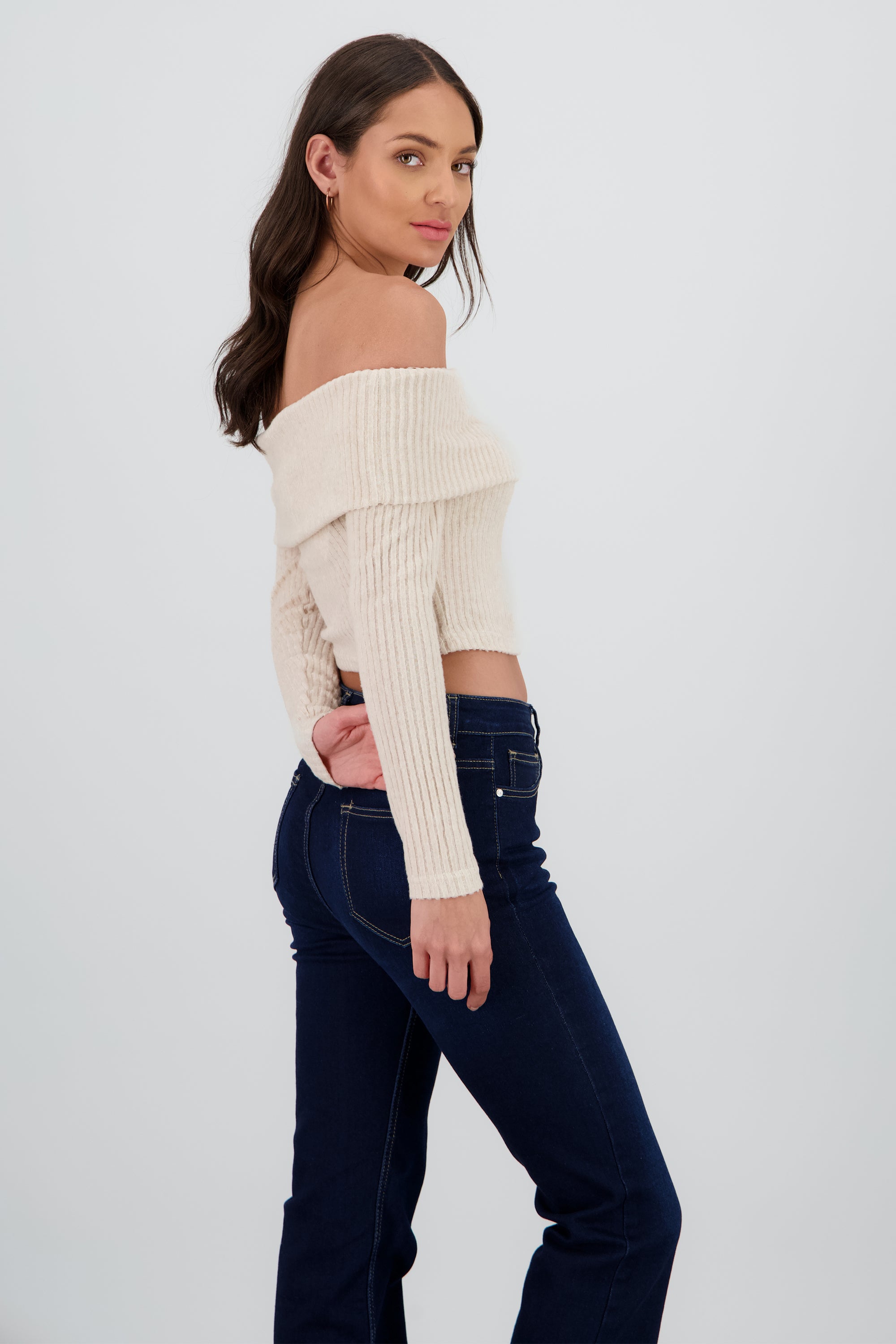 Top off shoulder liso tipo rib BEIGE