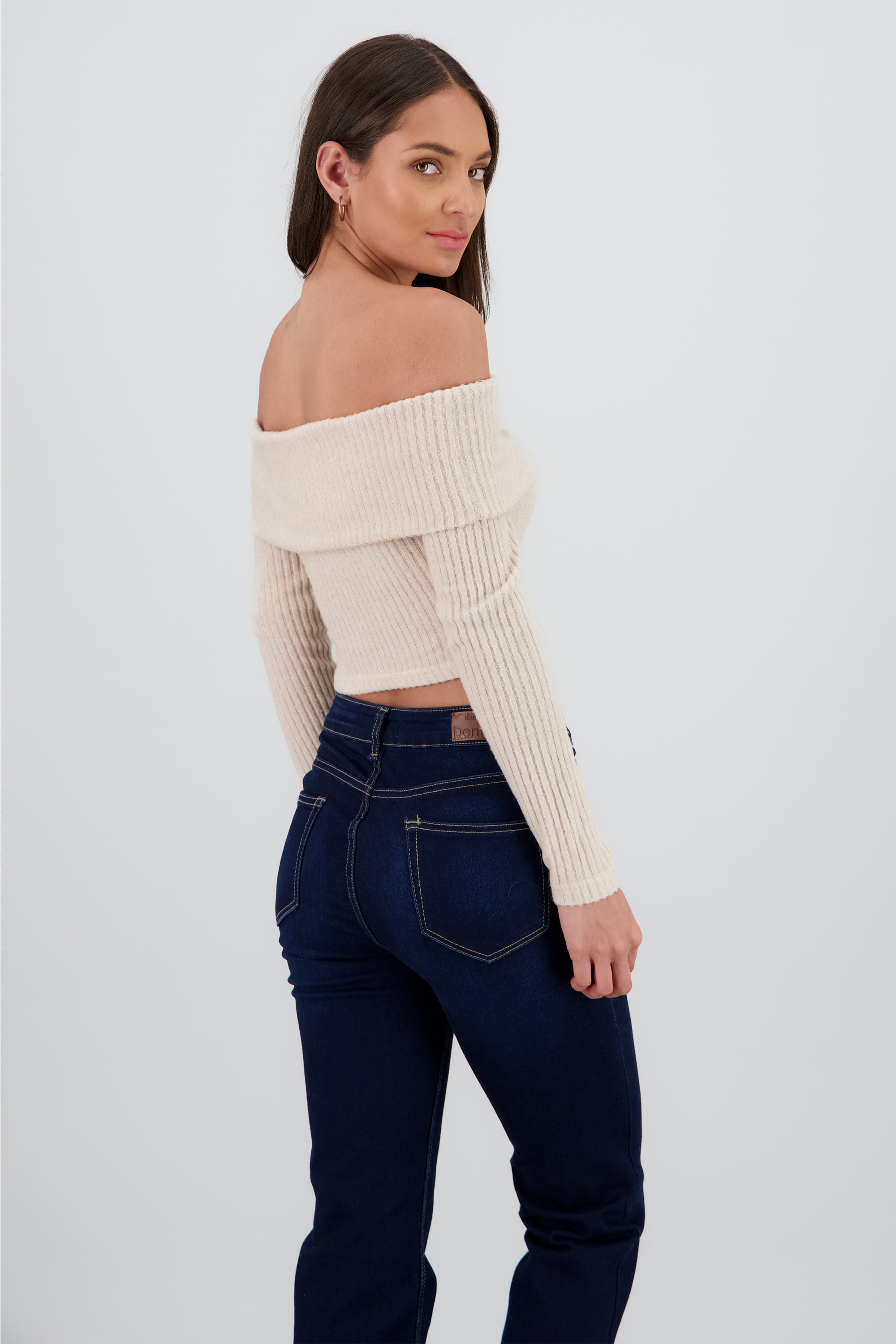 Top off shoulder liso tipo rib BEIGE