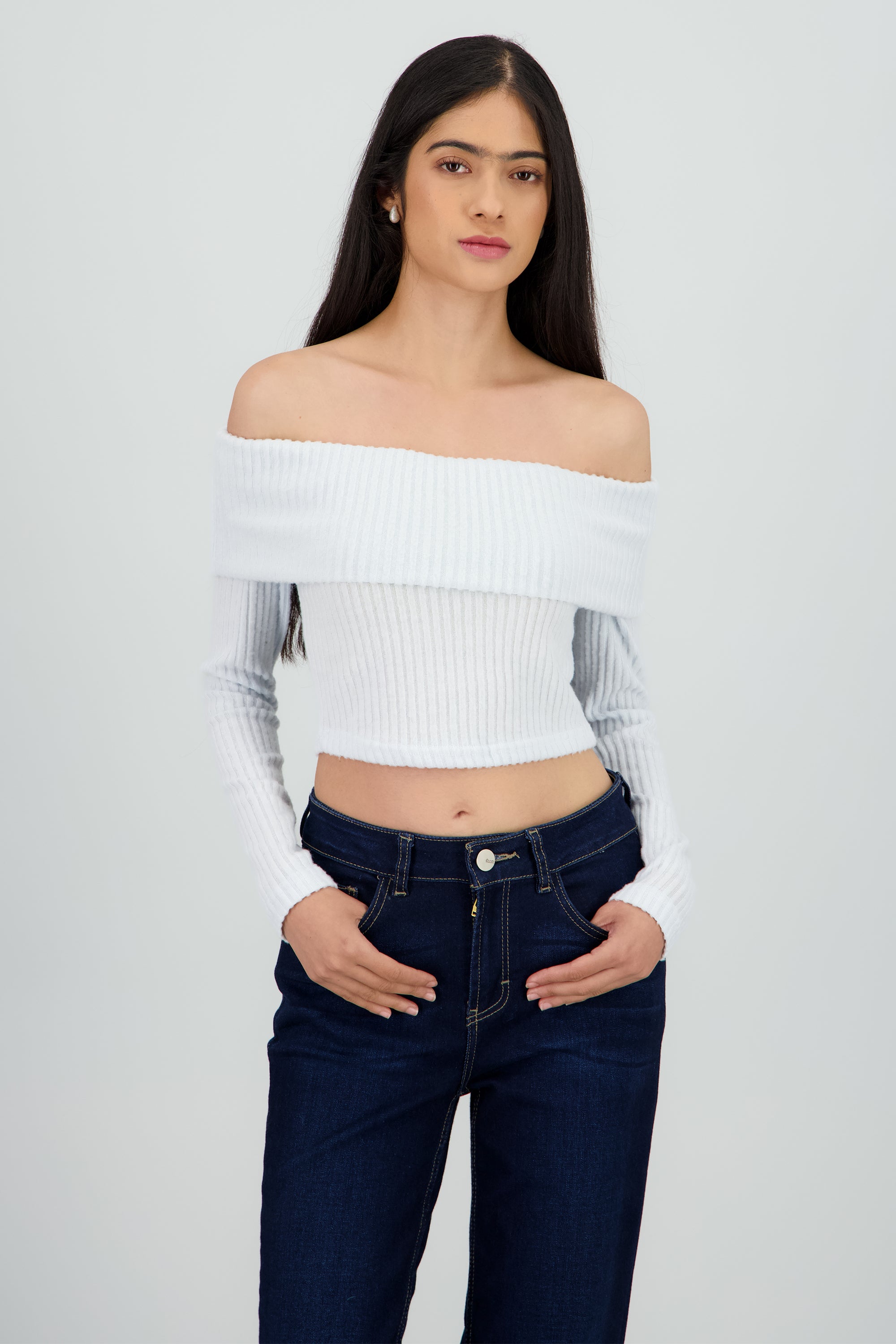 Top off shoulder liso tipo rib AZUL CIELO