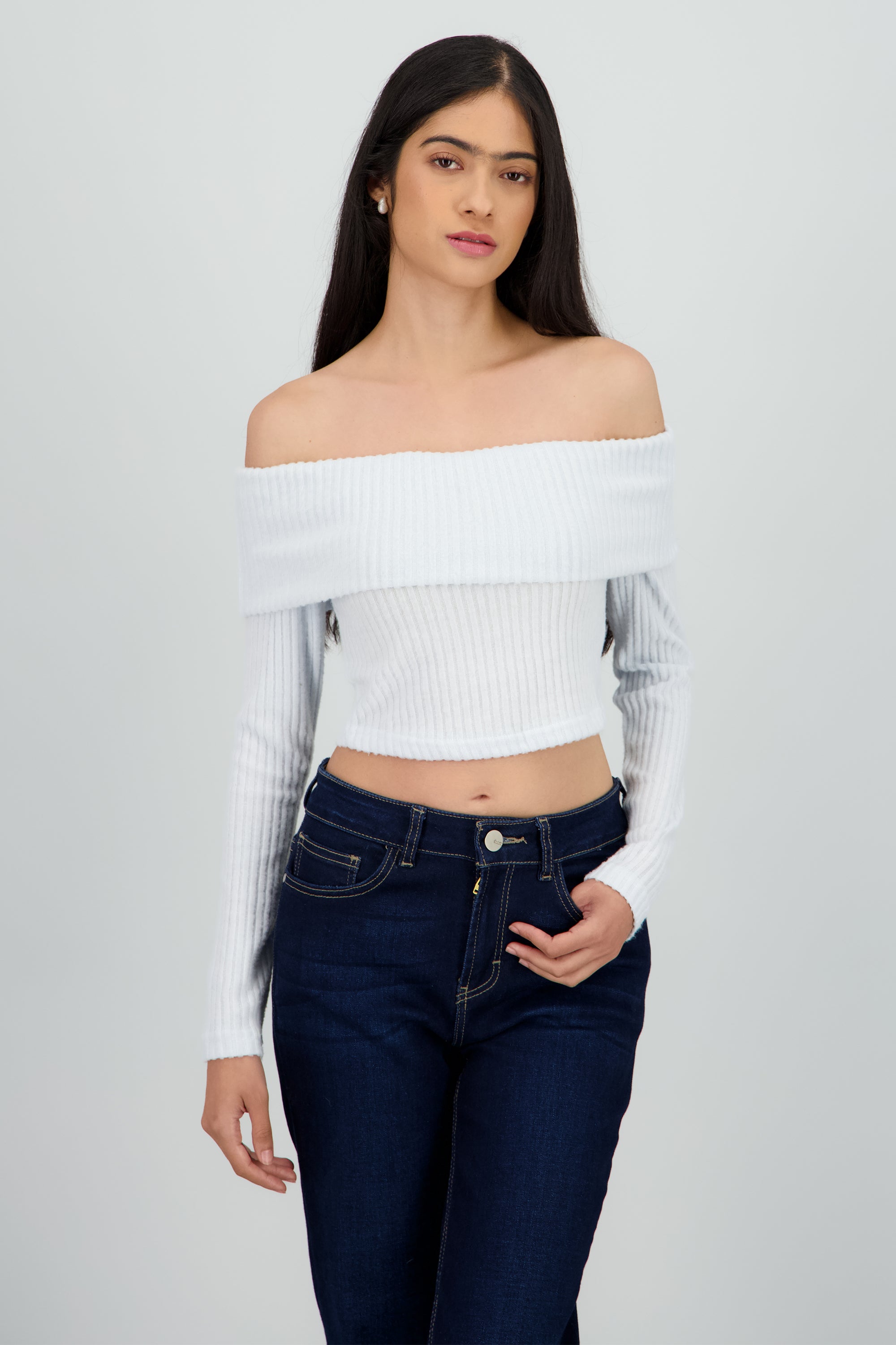 Top off shoulder liso tipo rib AZUL CIELO