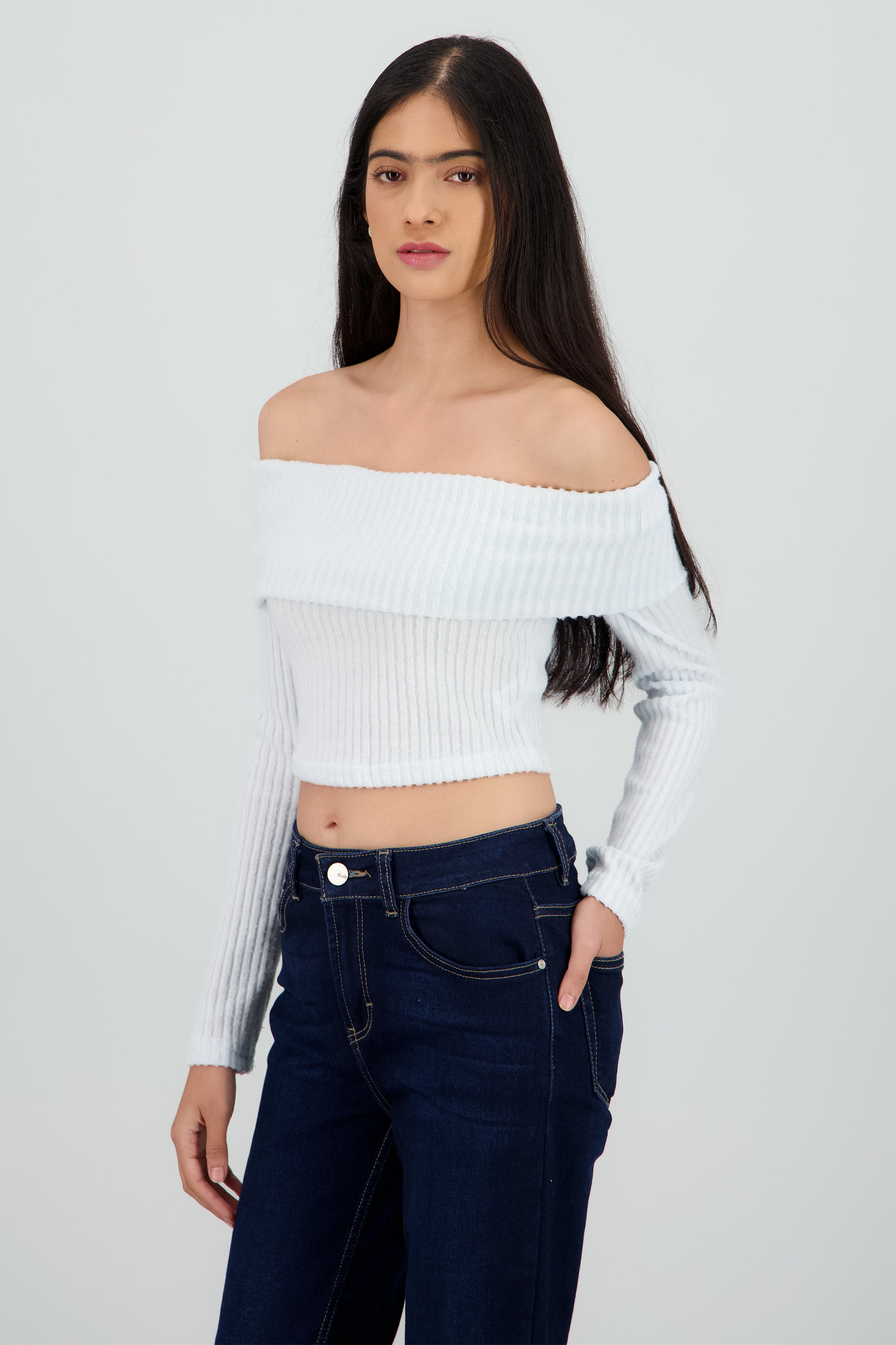 Top off shoulder liso tipo rib AZUL CIELO