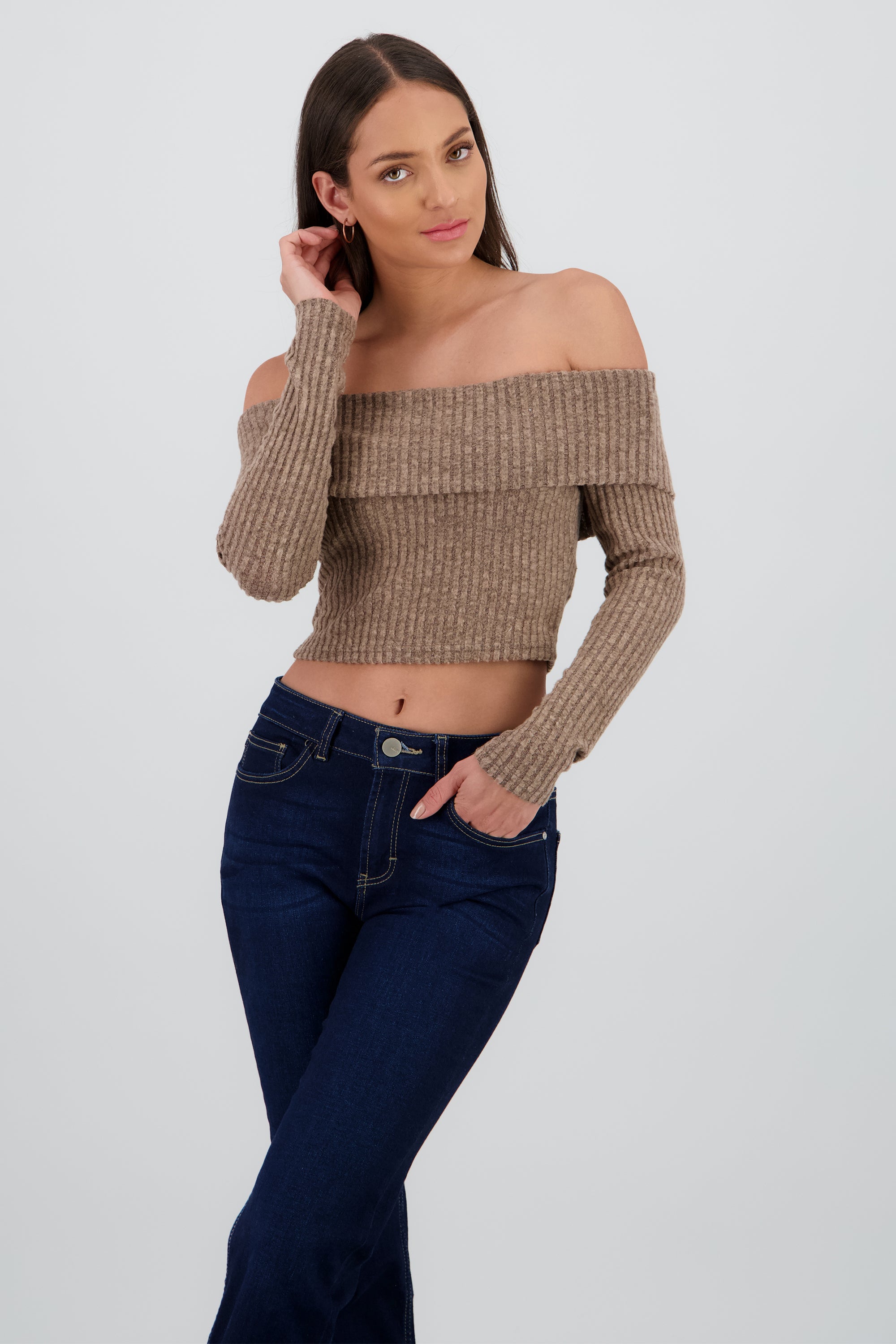 Top off shoulder liso tipo rib CAFE