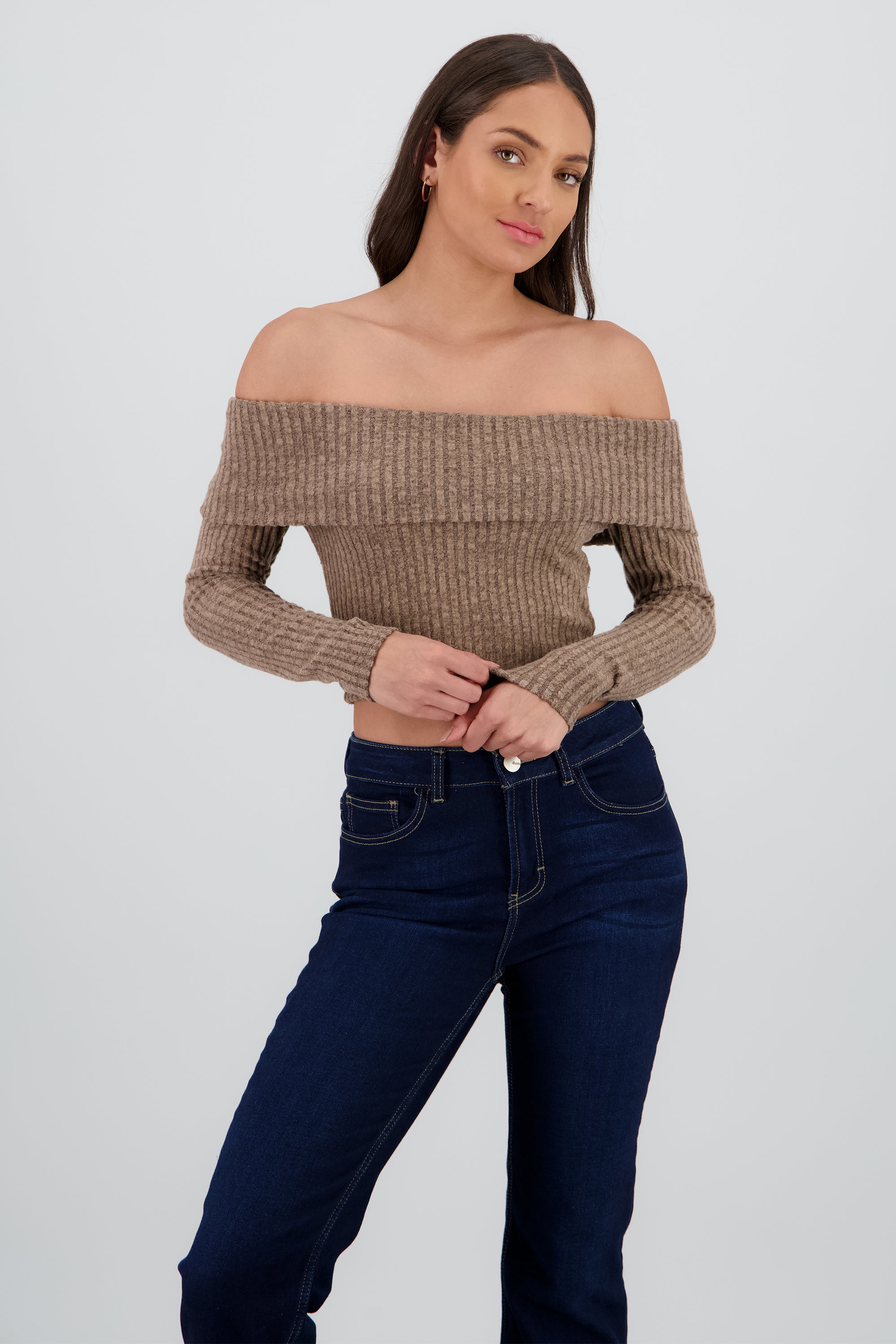 Top off shoulder liso tipo rib CAFE