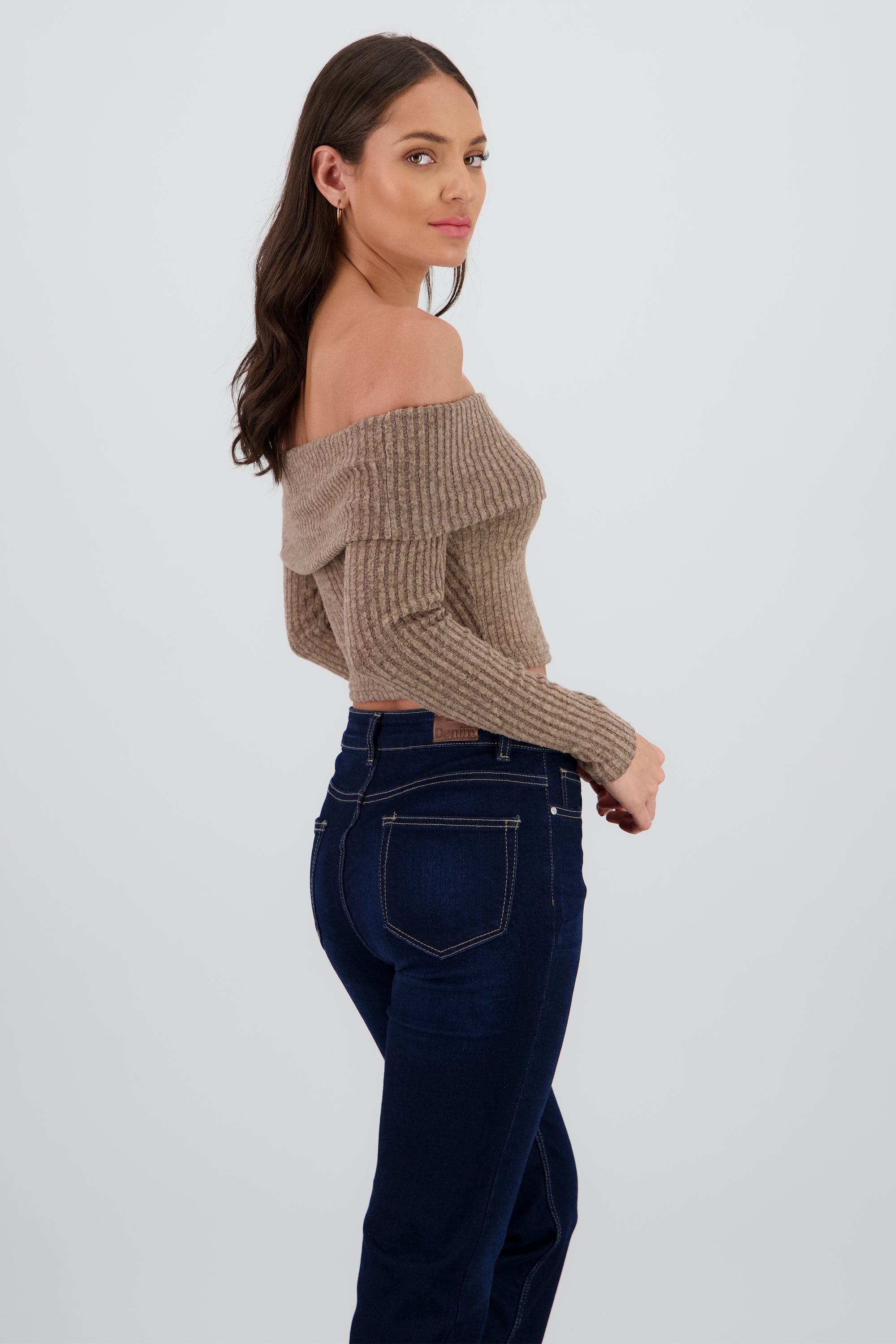 Top off shoulder liso tipo rib CAFE