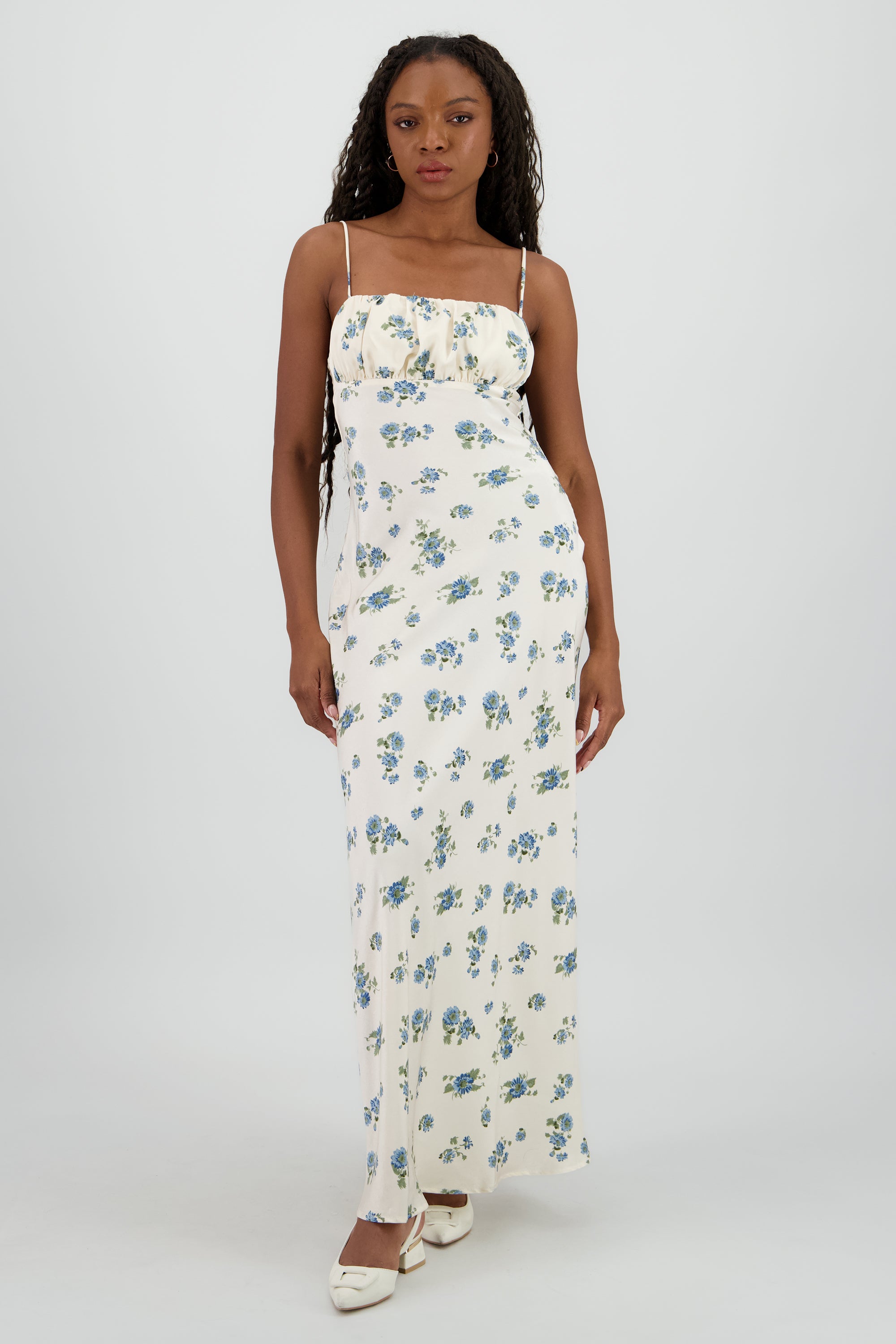 Vestido maxi satinado de flores HUESO COMBO