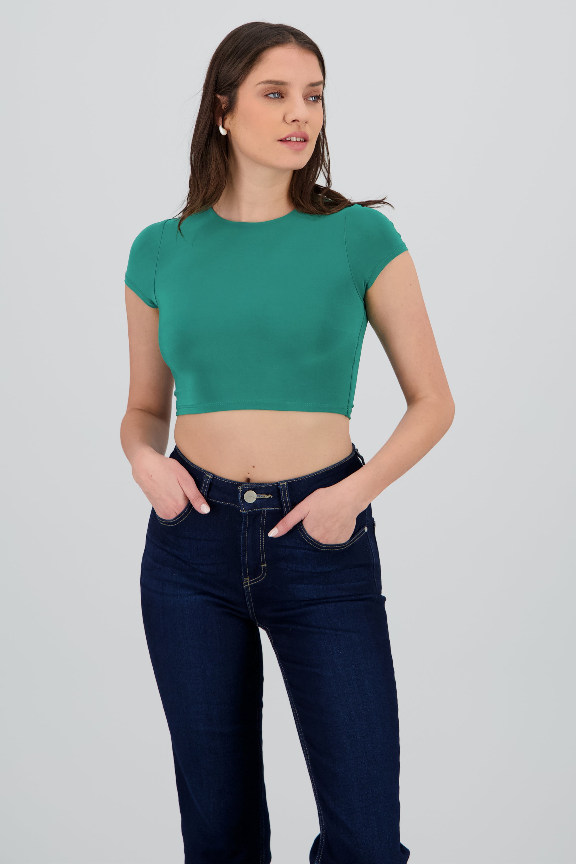 Top crop doble tela manga corta VERDE CAZADOR