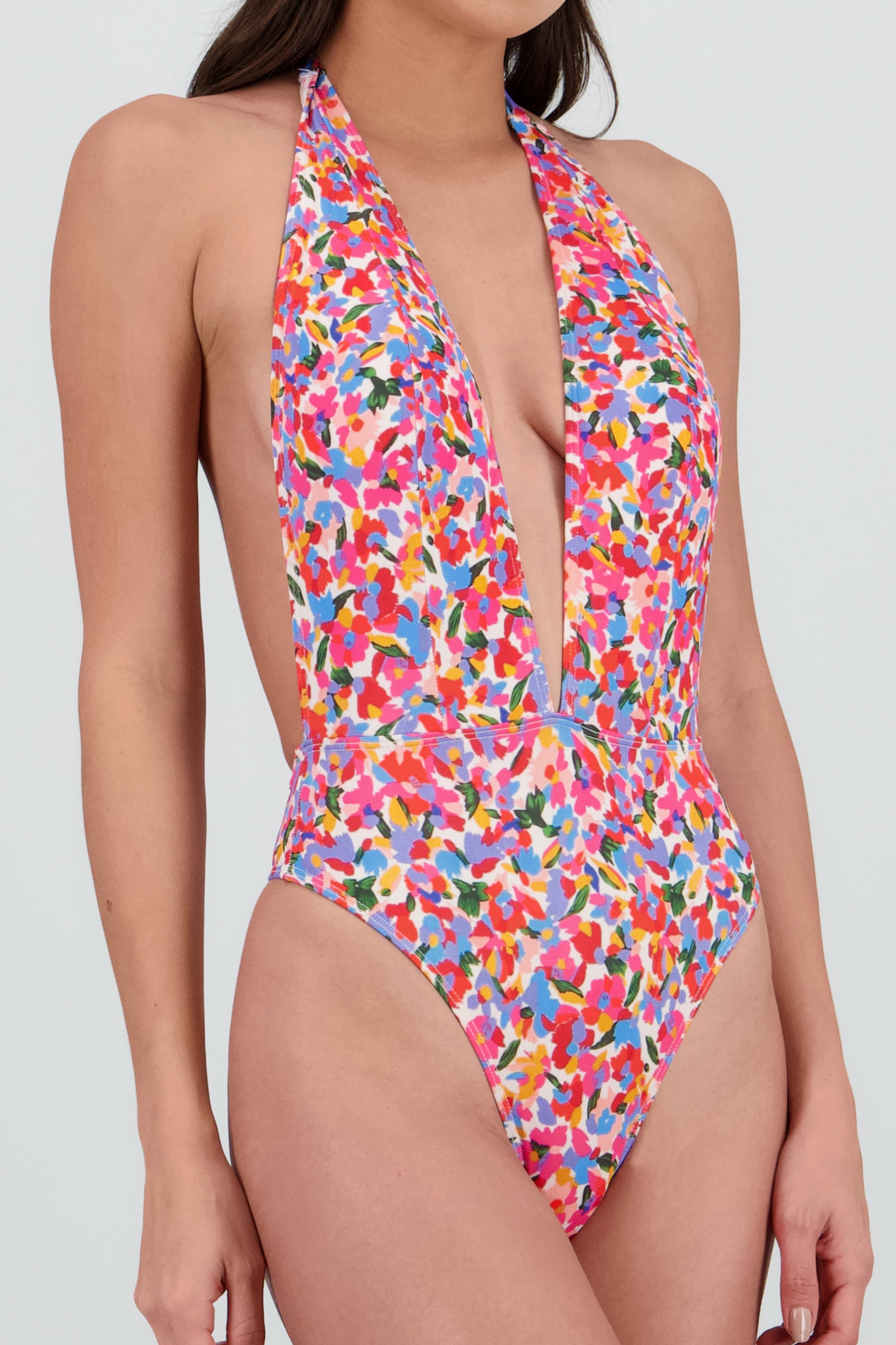 Traje de baño flores escote V espalda abierta MULTICOLOR