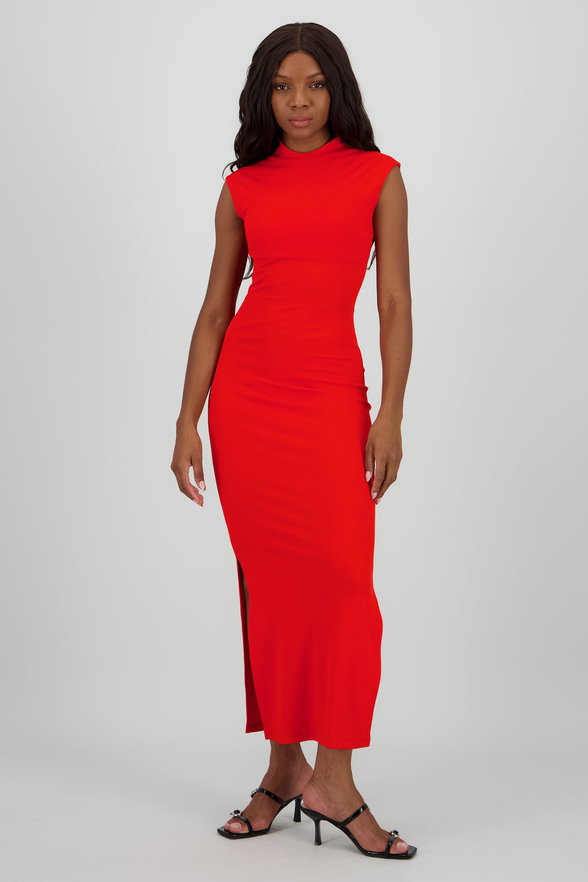 Vestido maxi rib manga corta con abertura Hypsters ROJO