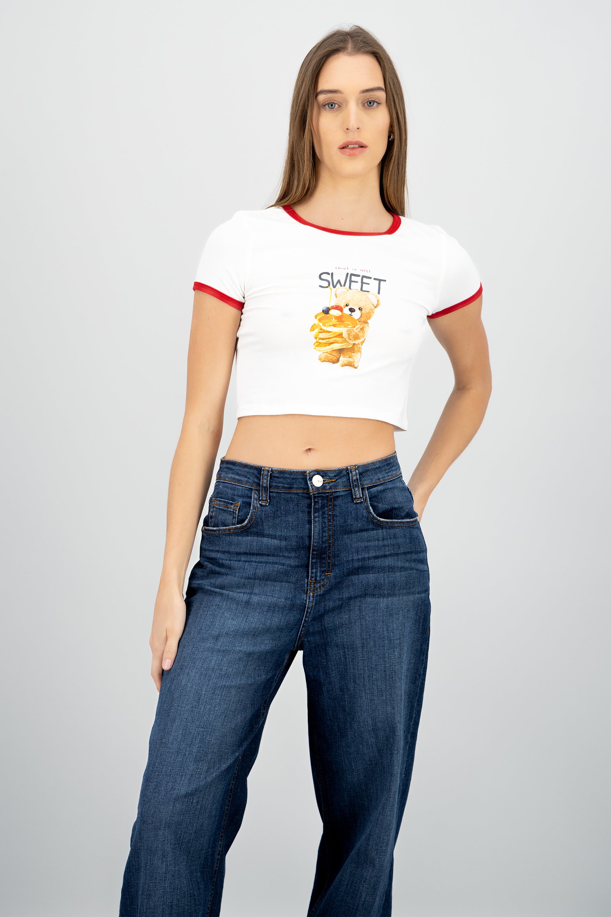 Playera contraste estampado osito BLANCO