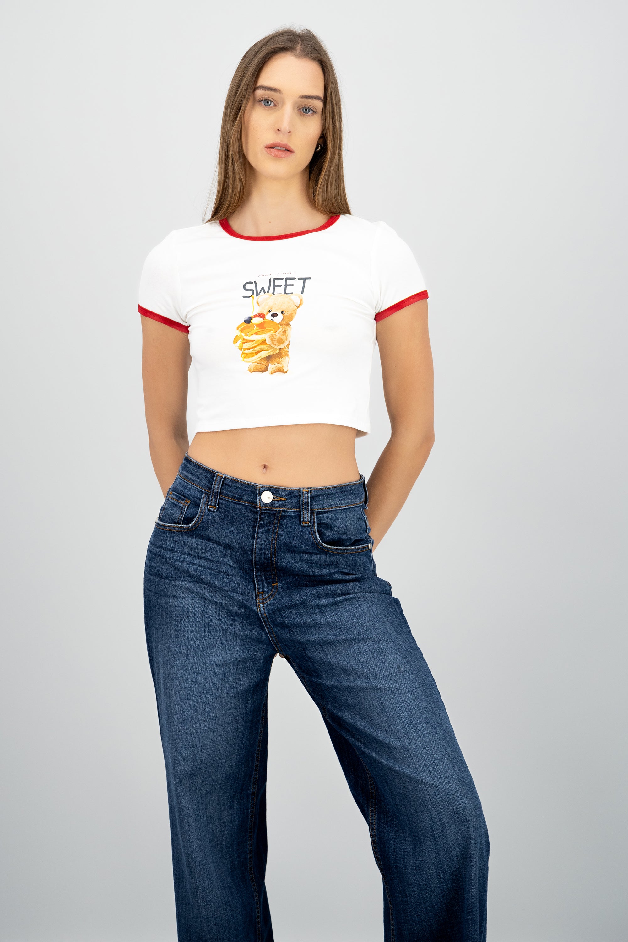 Playera contraste estampado osito BLANCO