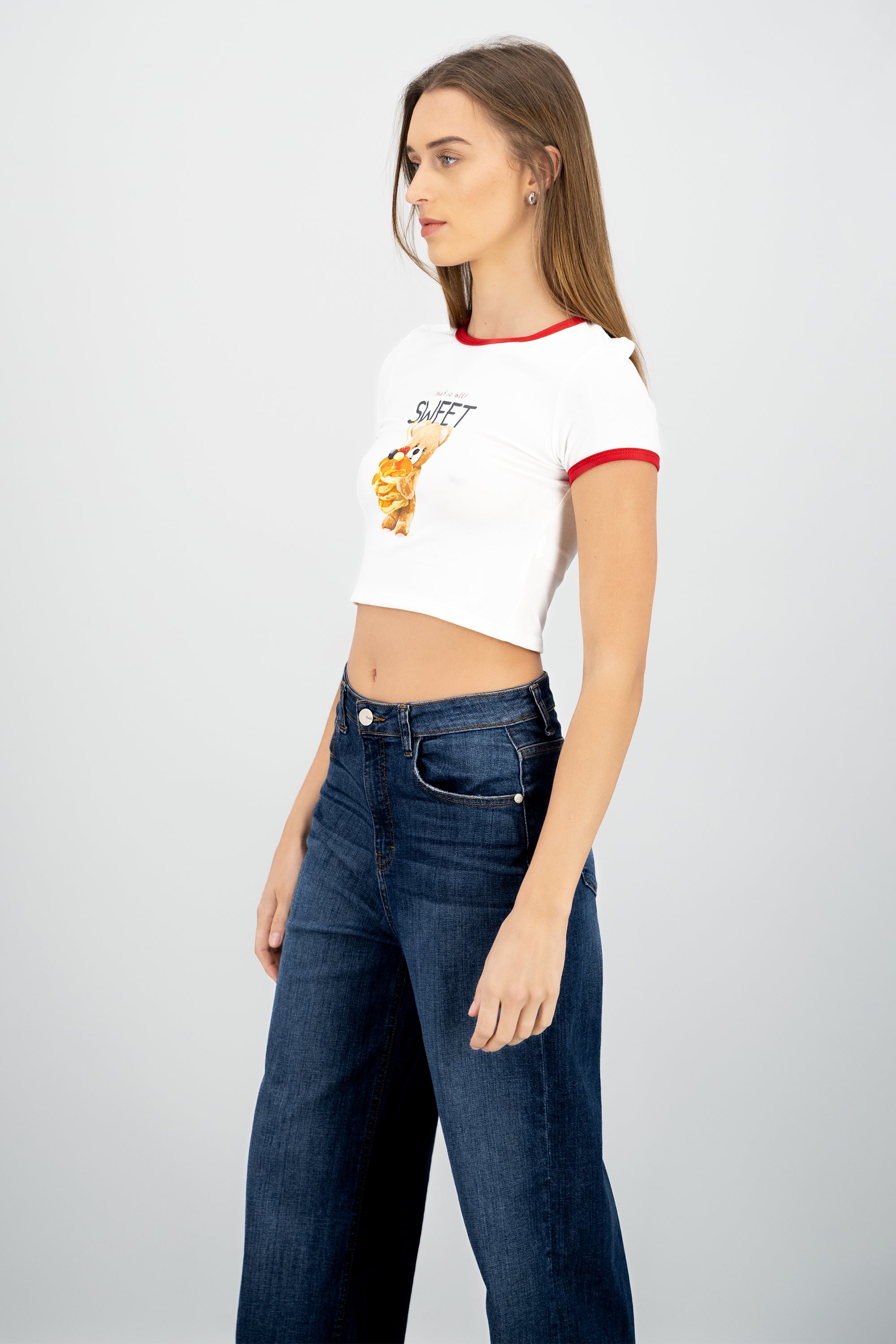 Playera contraste estampado osito BLANCO