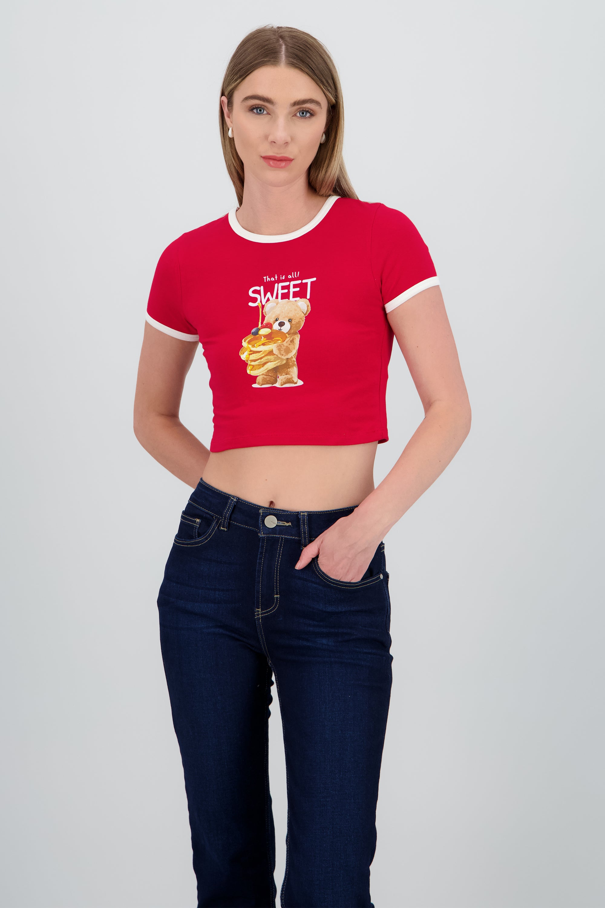 Playera contraste estampado osito ROJO COMBO