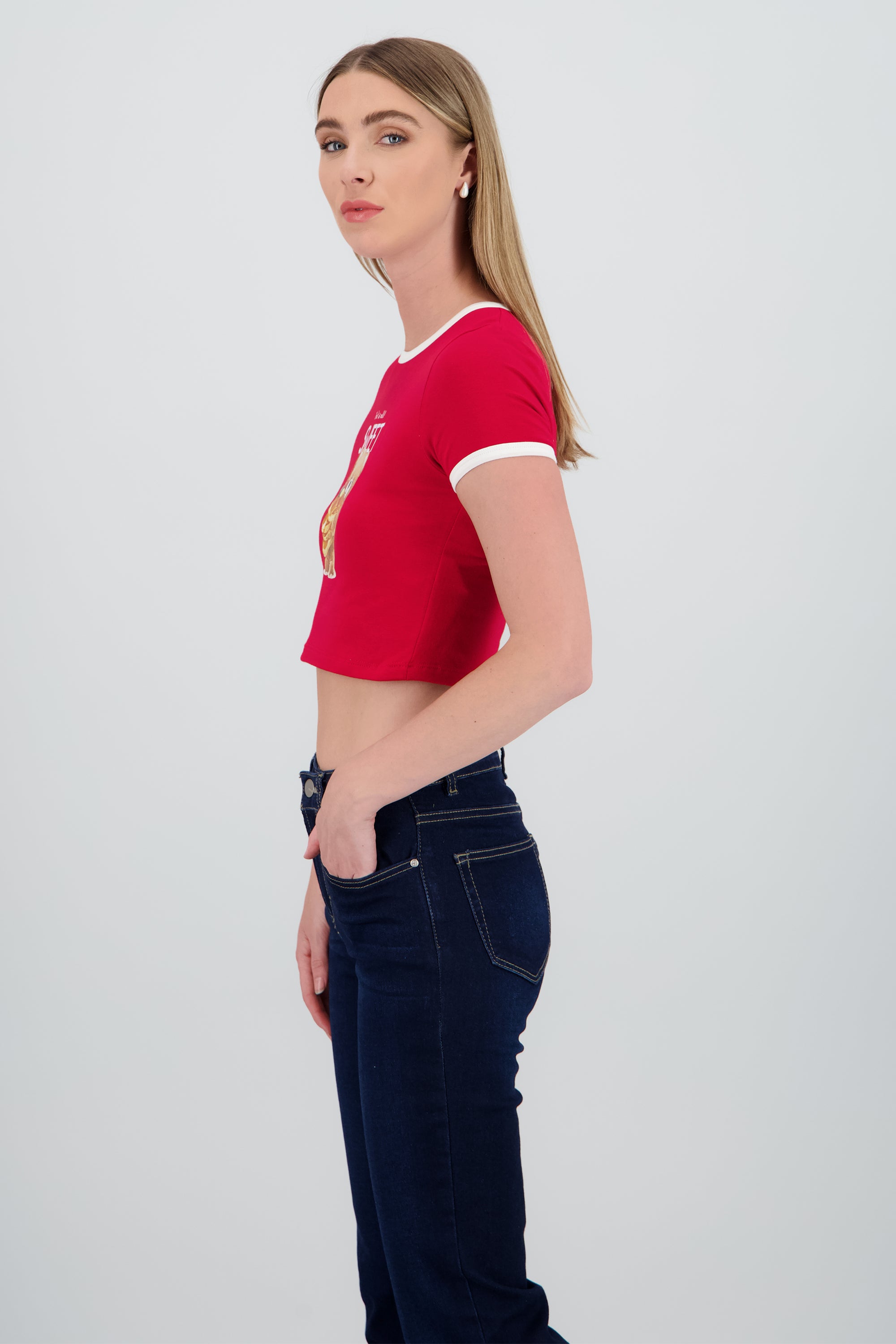 Playera contraste estampado osito ROJO COMBO