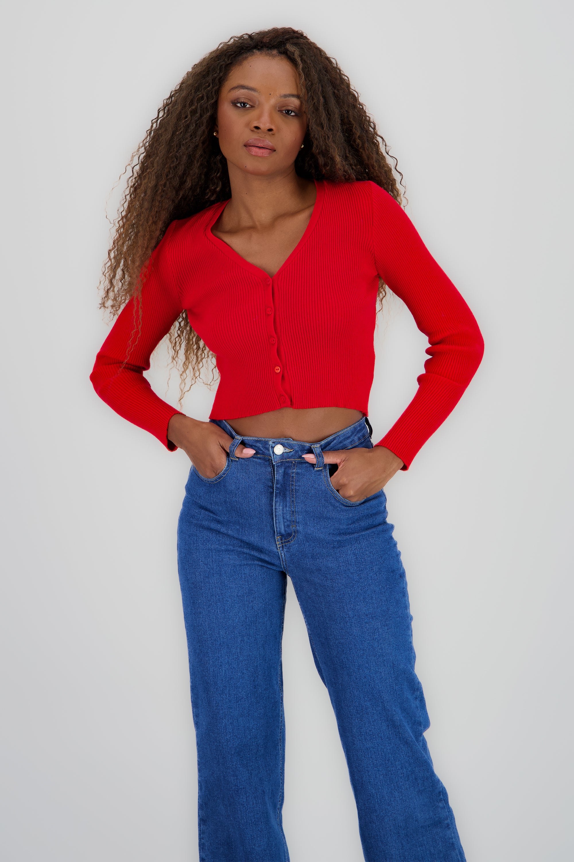 Cardigan acanalado liso cuello v ROJO