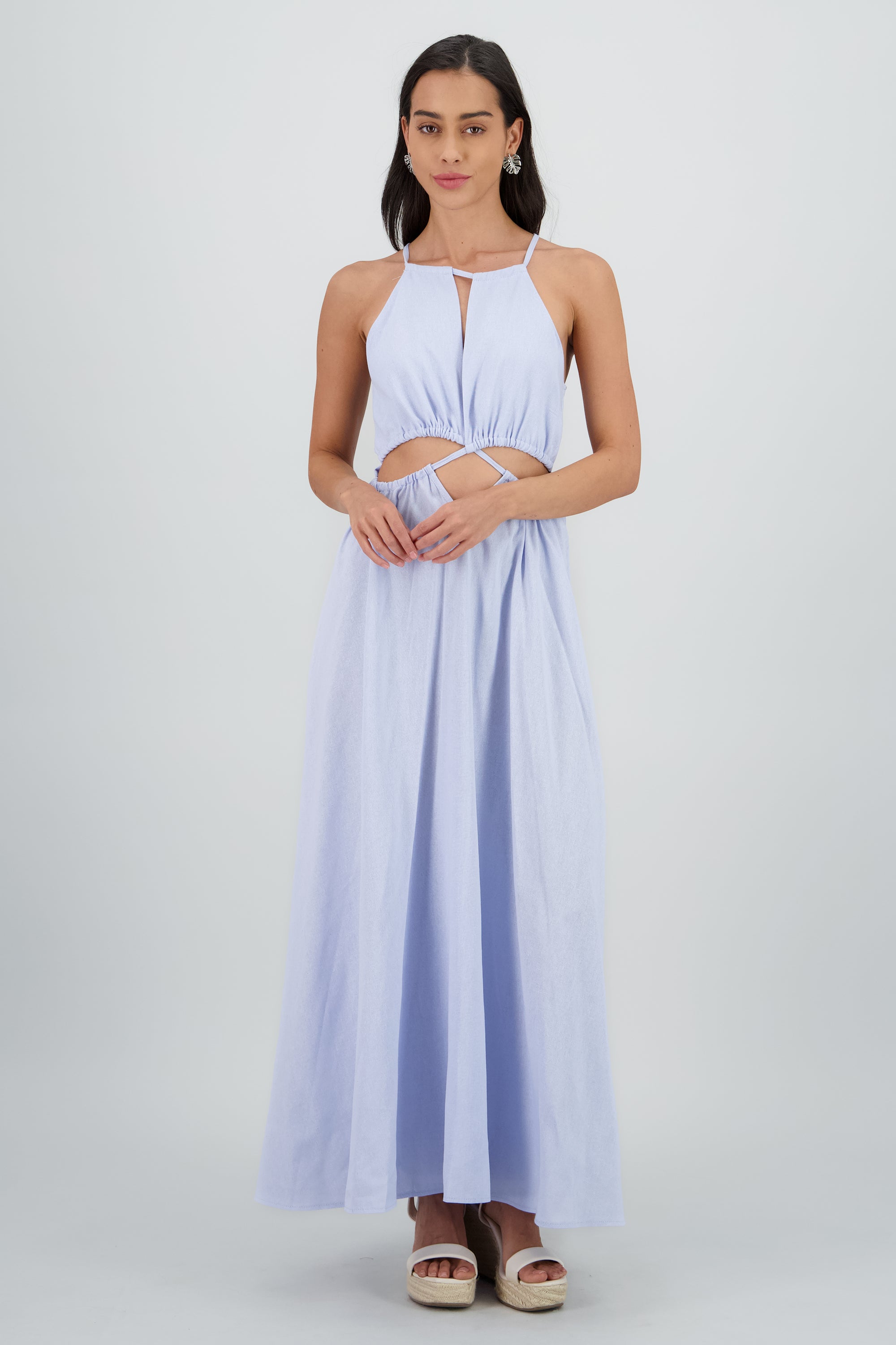 Vestido cut out maxi lino AZUL PASTEL