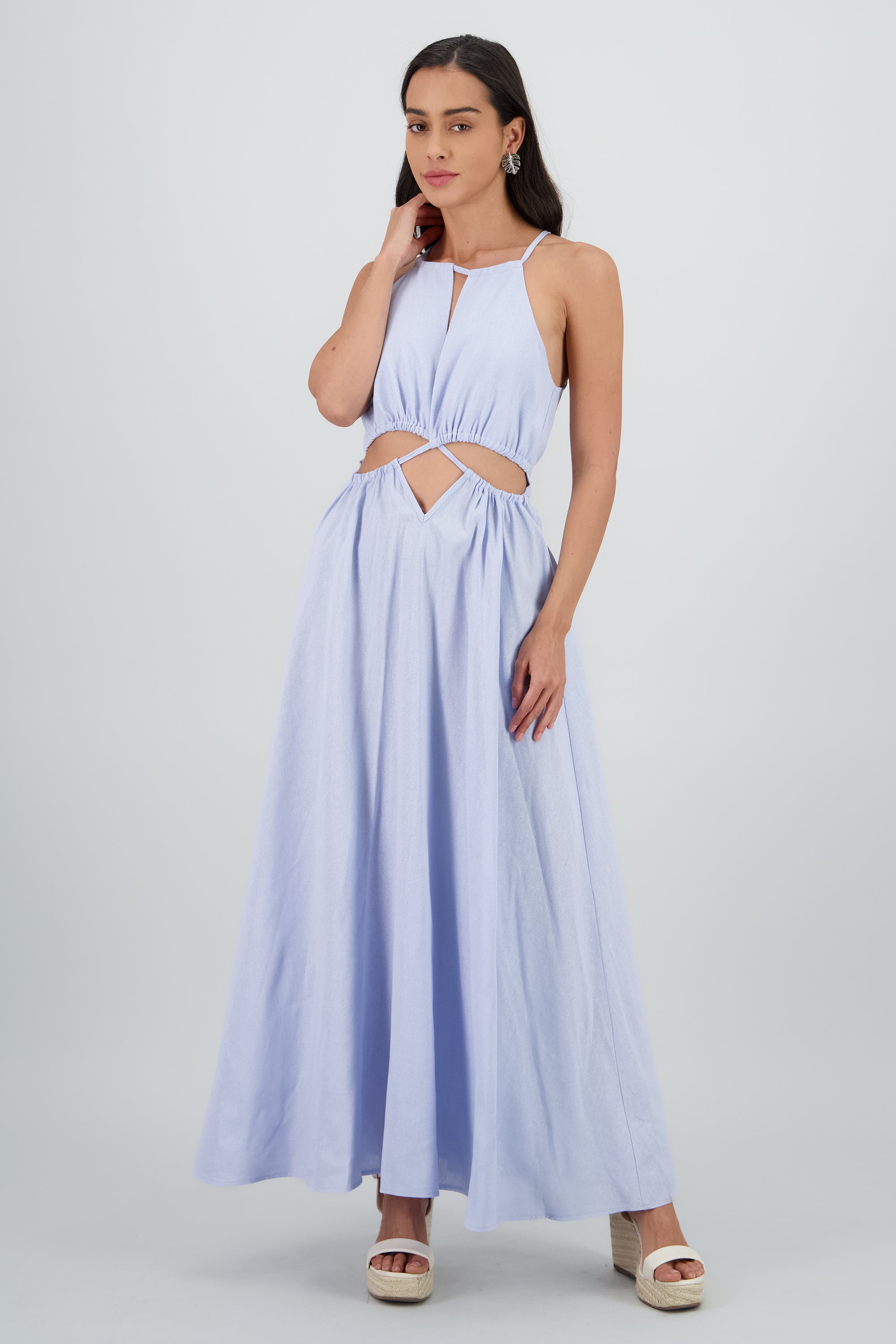 Vestido cut out maxi lino AZUL PASTEL