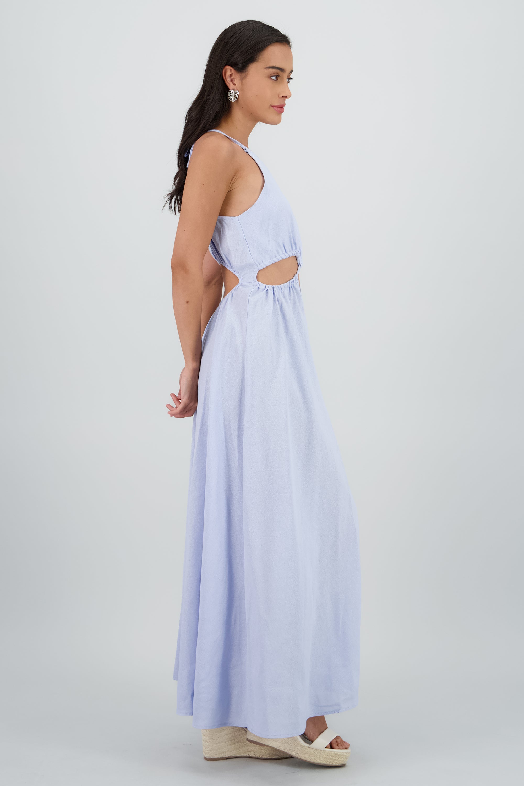 Vestido cut out maxi lino AZUL PASTEL