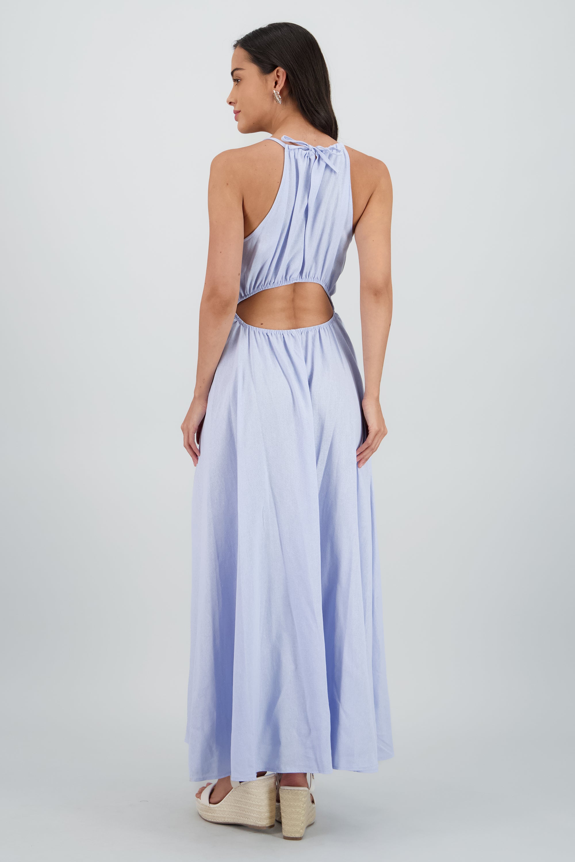 Vestido cut out maxi lino AZUL PASTEL