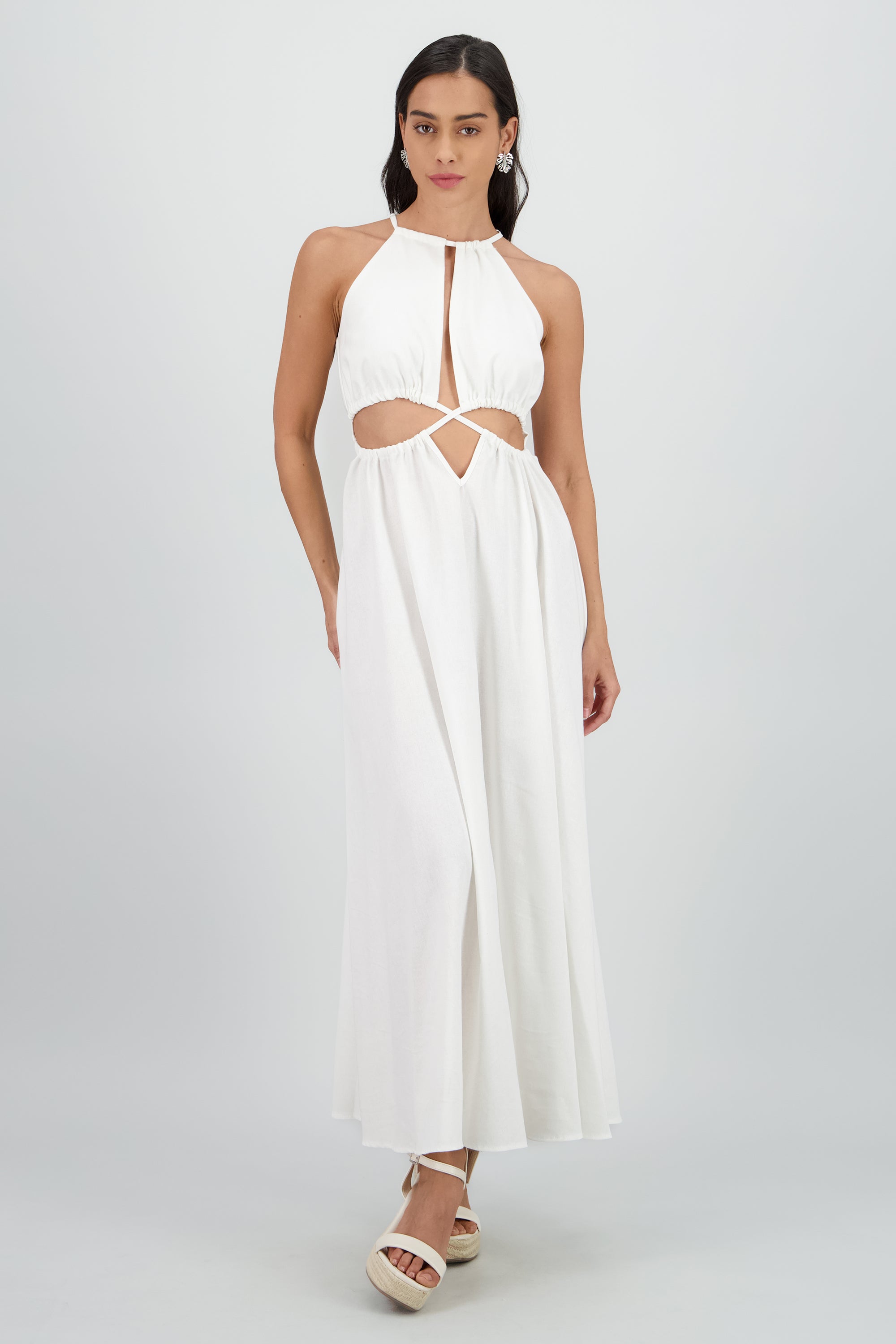 Vestido cut out maxi lino BLANCO