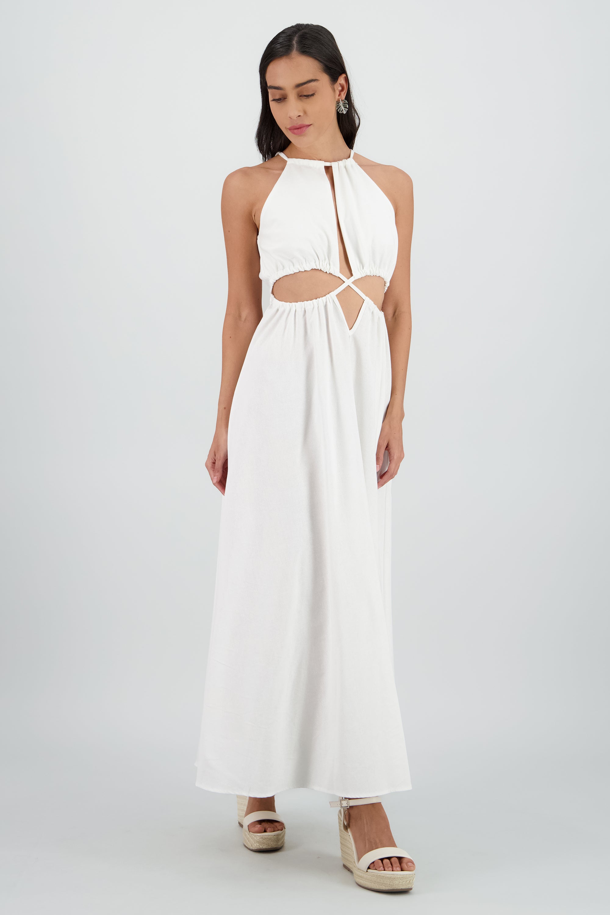 Vestido cut out maxi lino BLANCO
