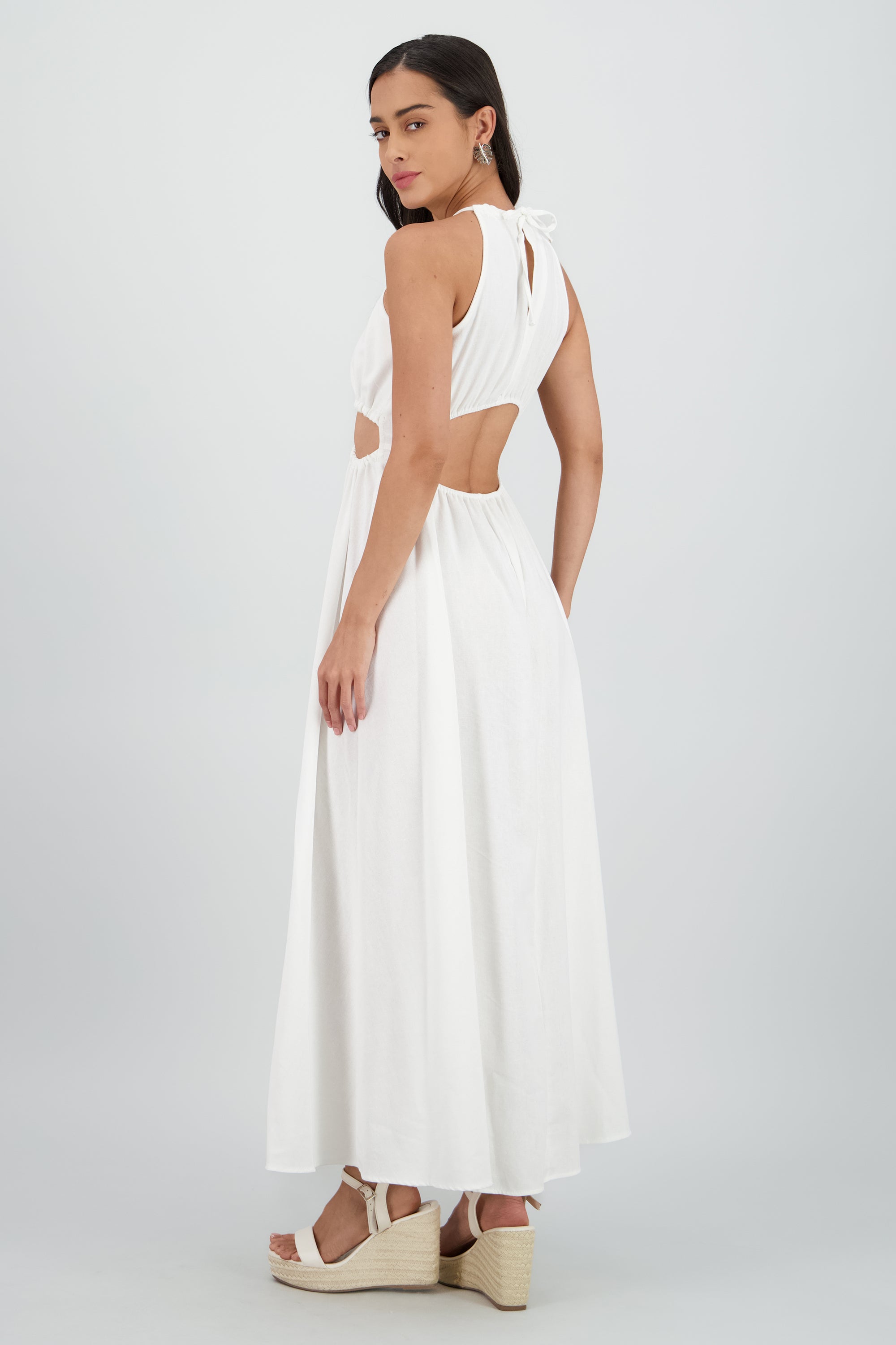 Vestido cut out maxi lino BLANCO
