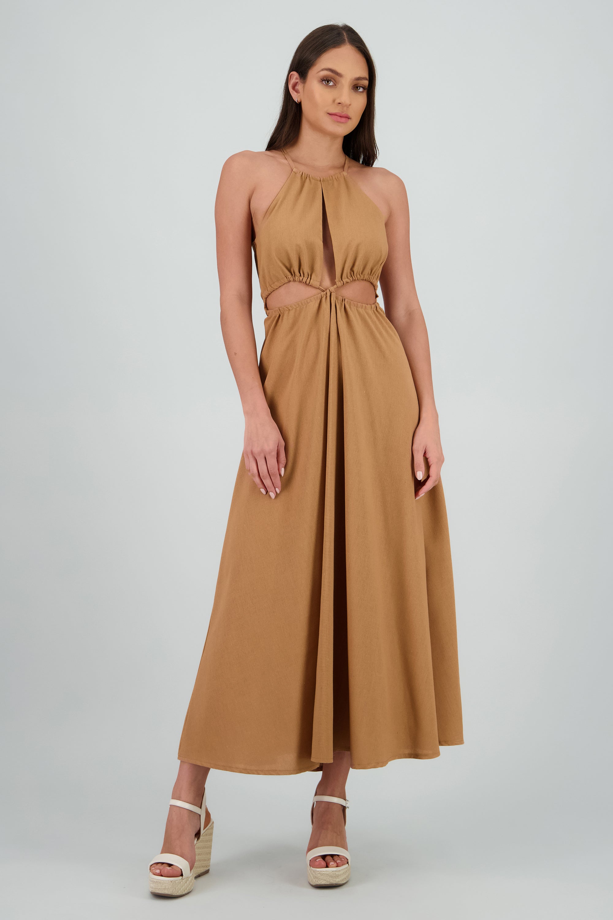 Vestido cut out maxi lino CAMELLO