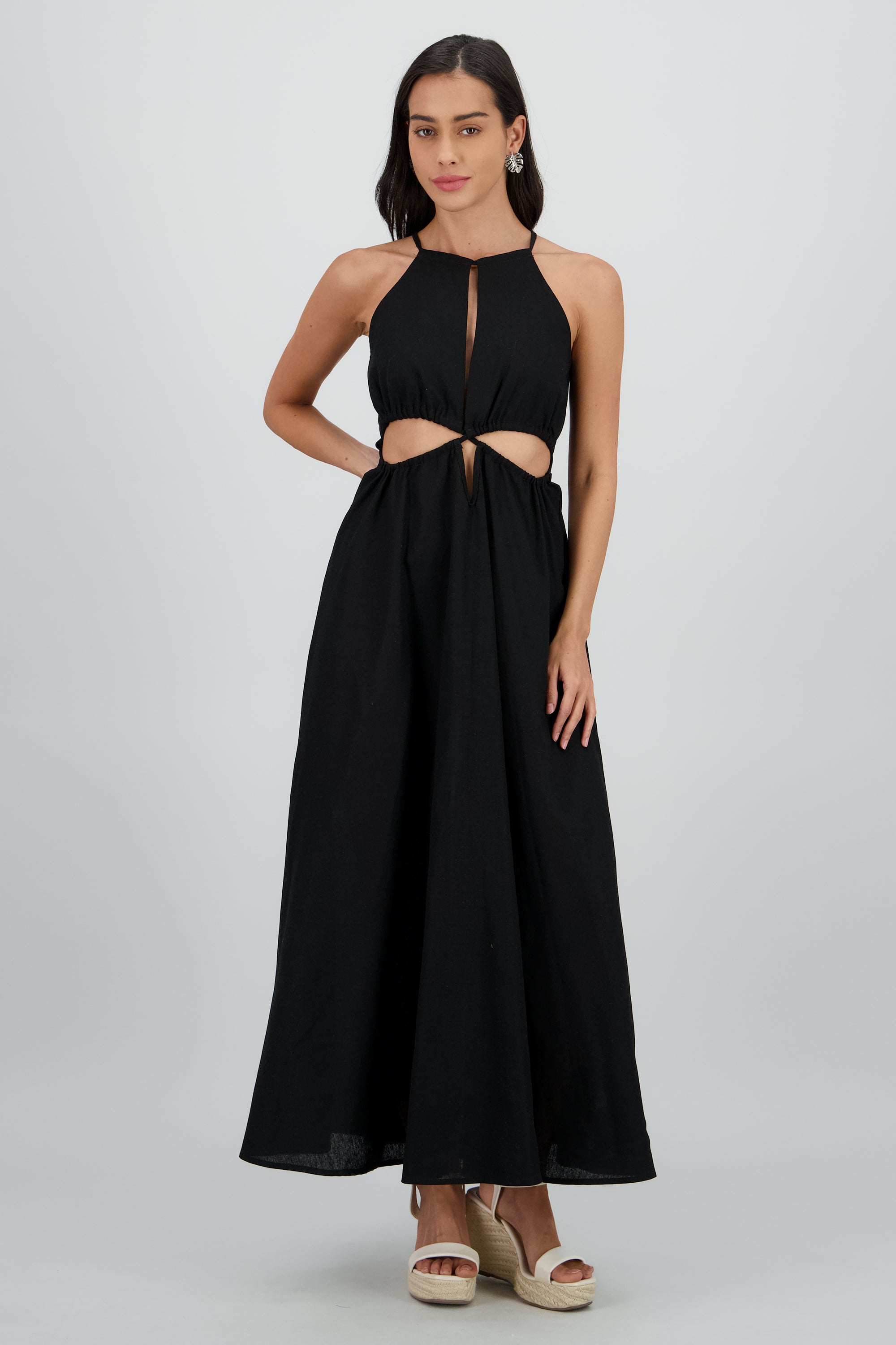 Vestido cut out maxi lino NEGRO