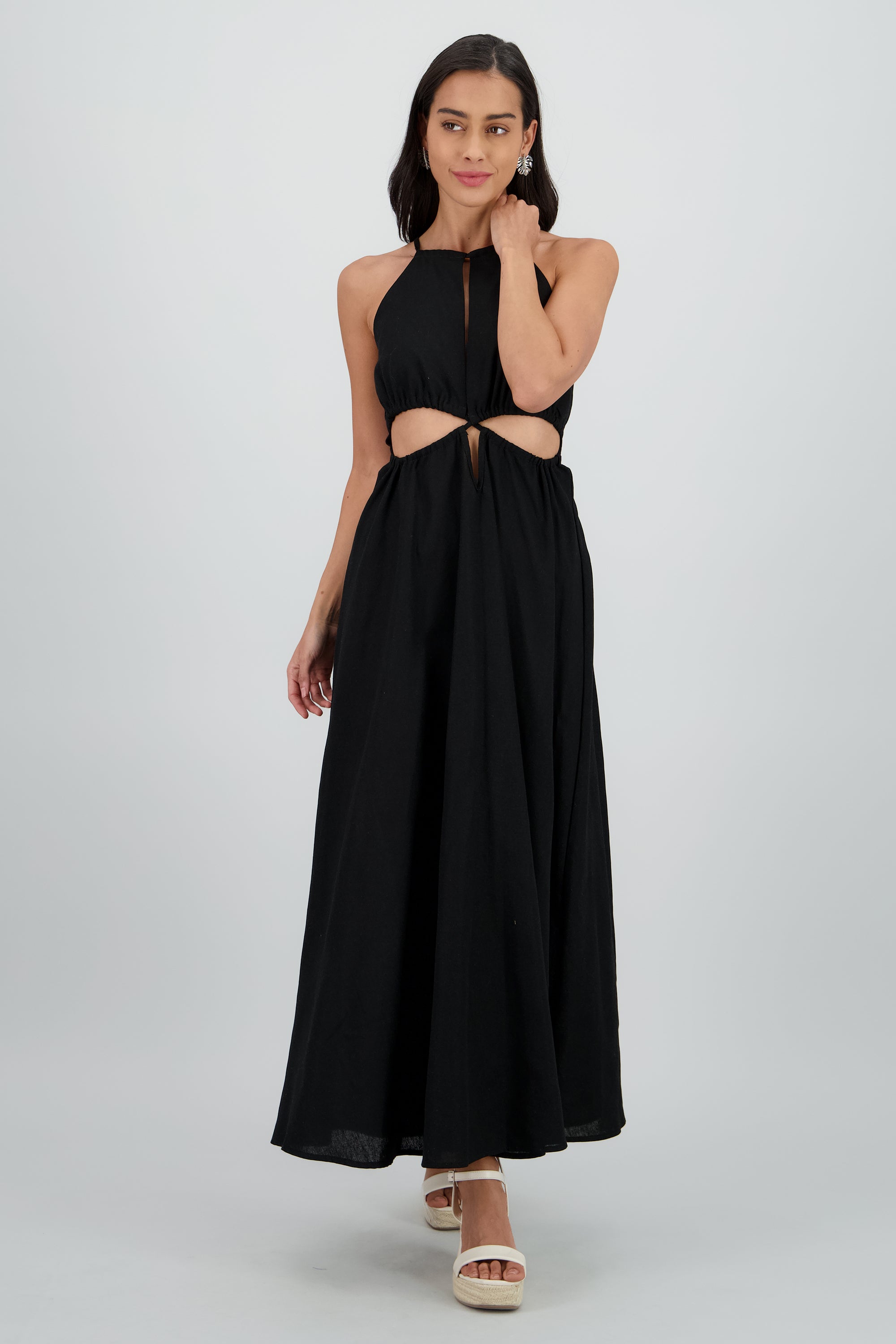 Vestido cut out maxi lino NEGRO
