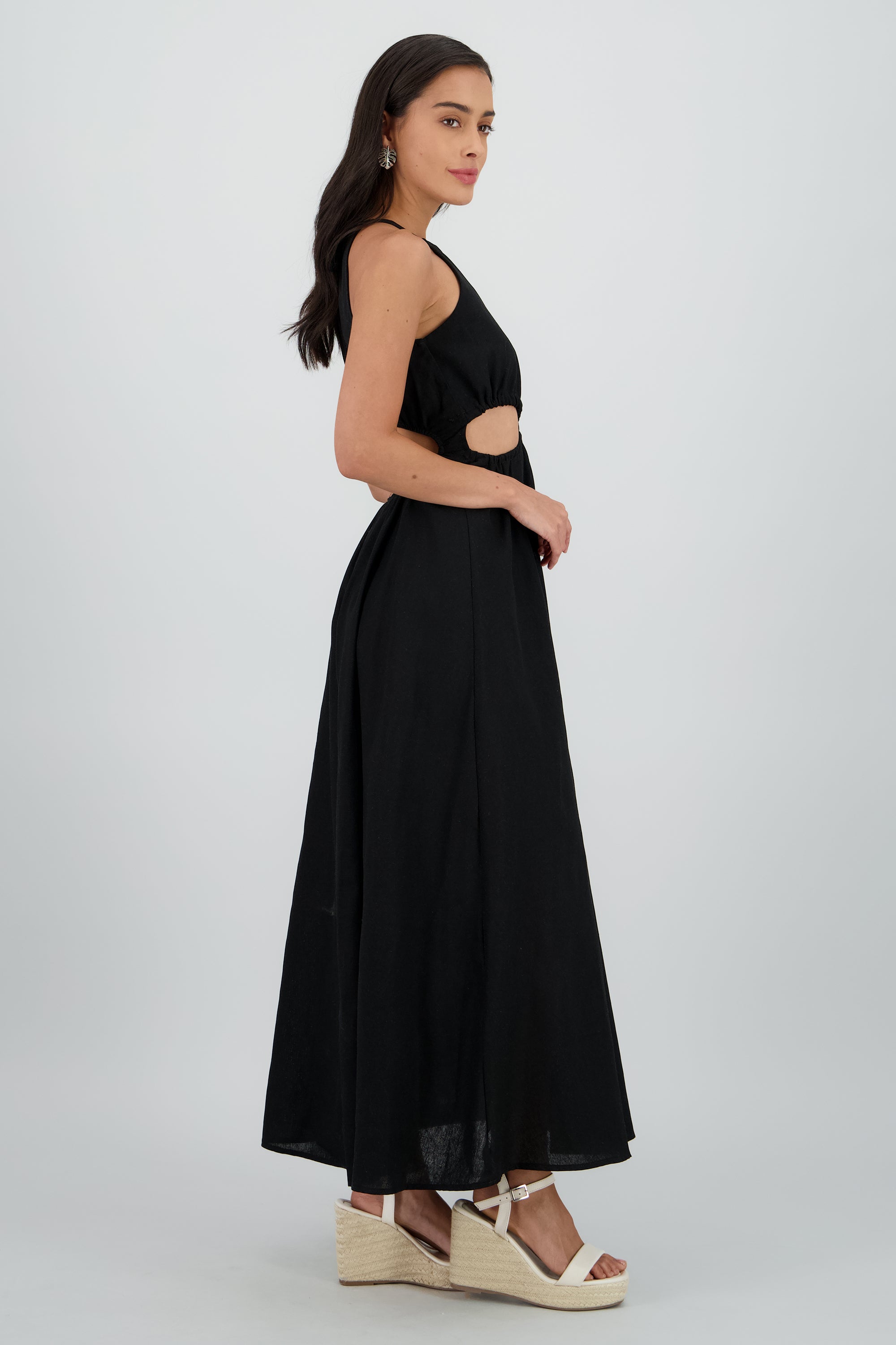 Vestido cut out maxi lino NEGRO