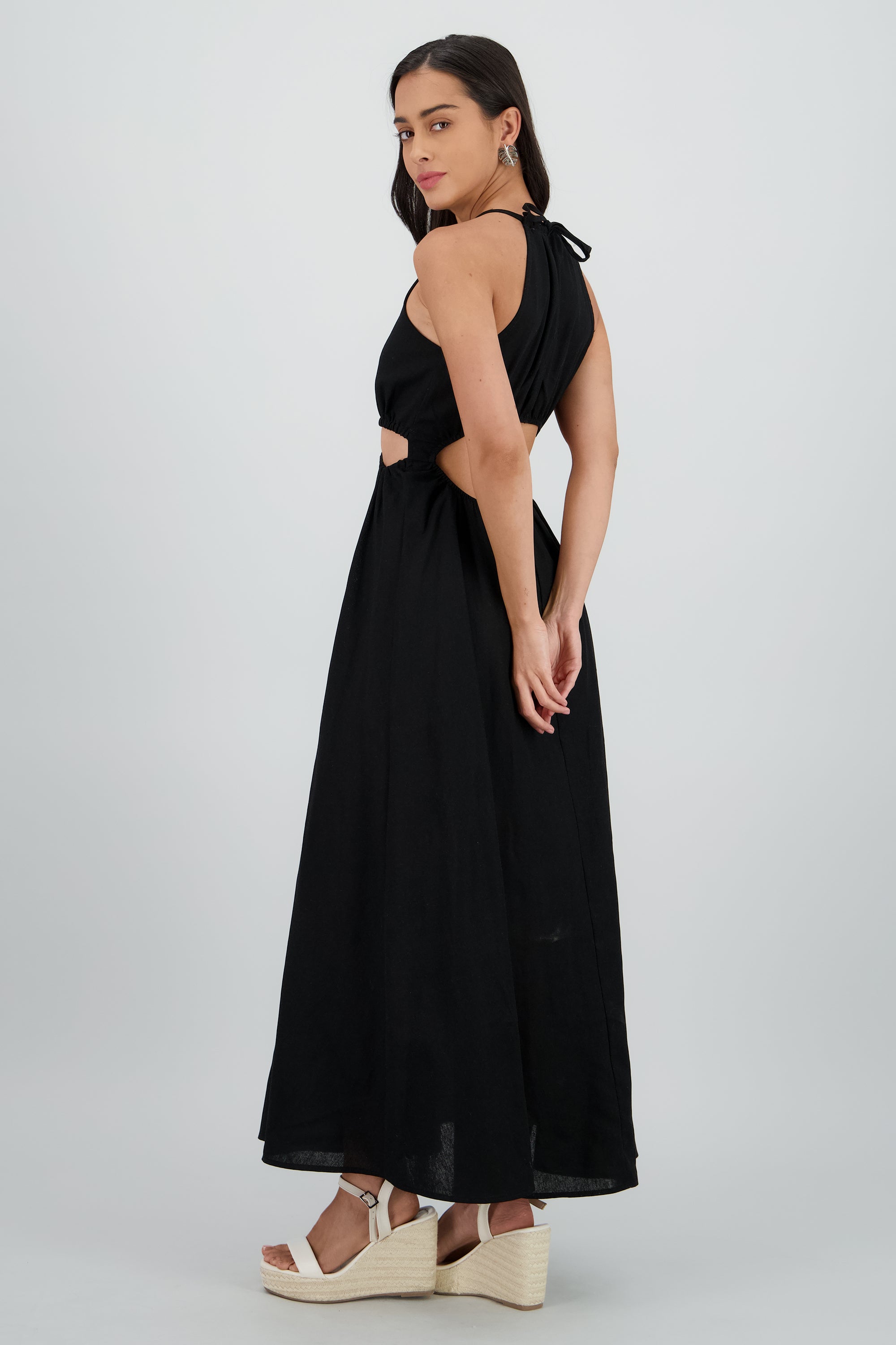 Vestido cut out maxi lino NEGRO