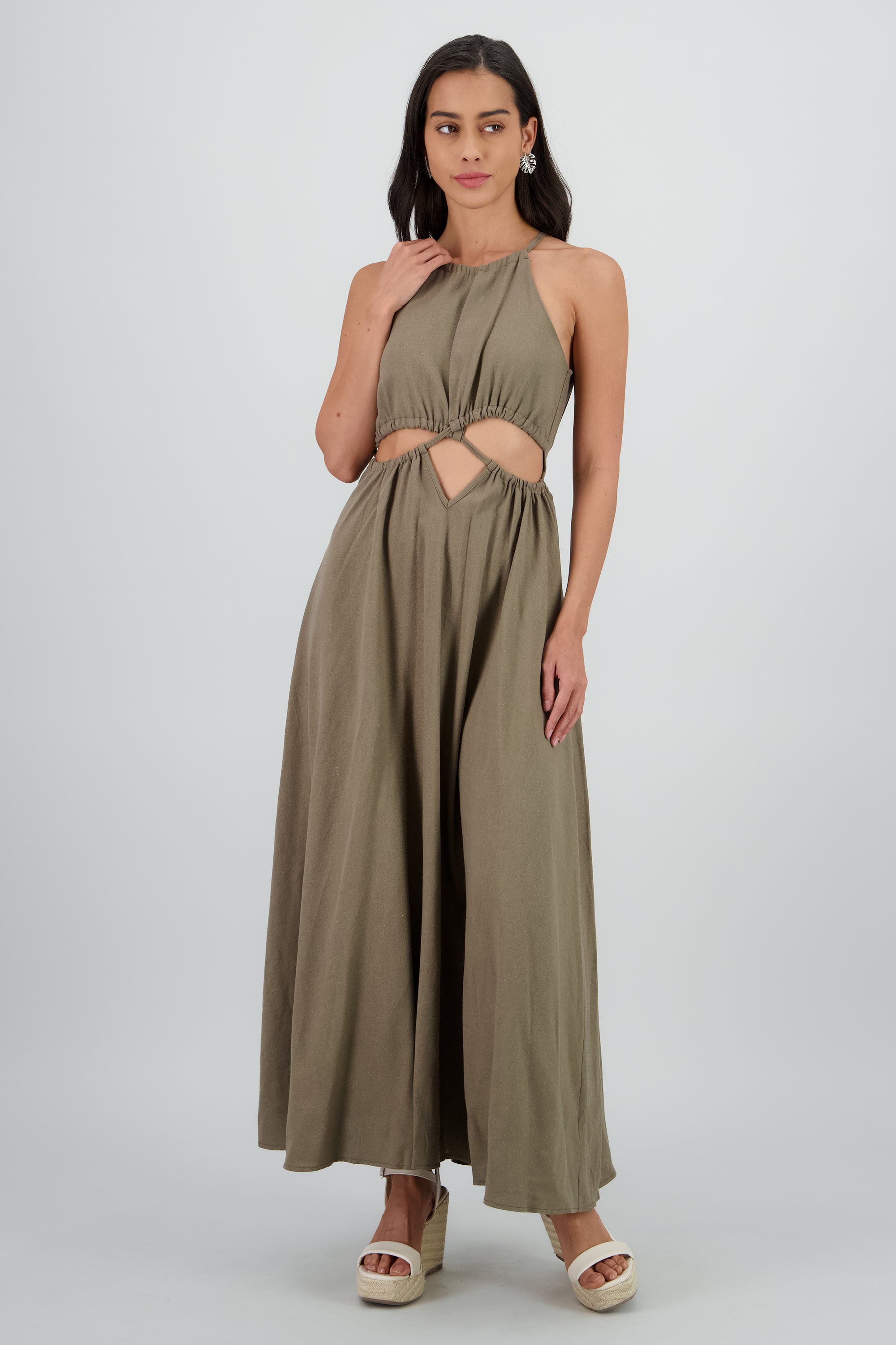Vestido cut out maxi lino OLIVO