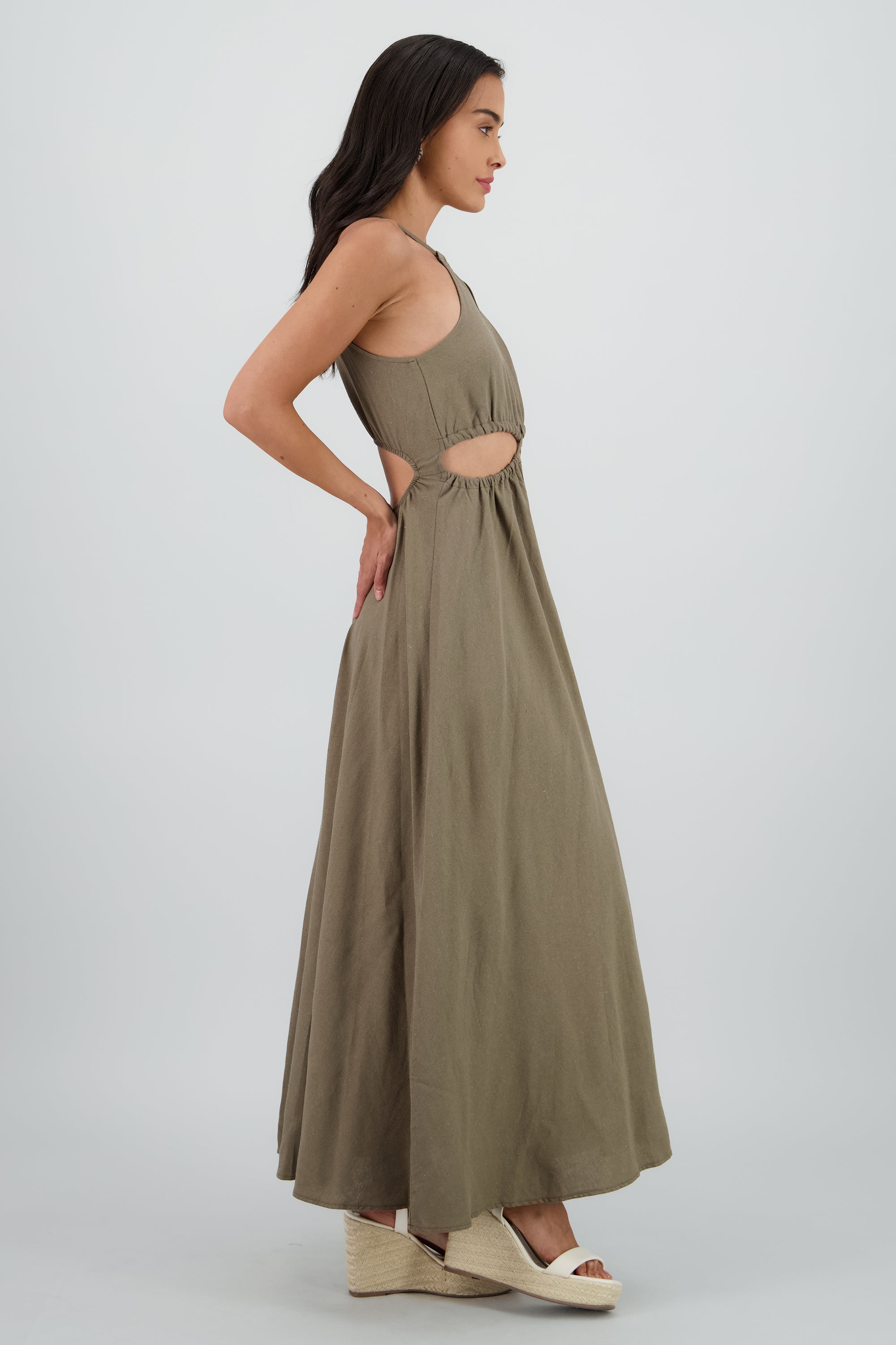 Vestido cut out maxi lino OLIVO