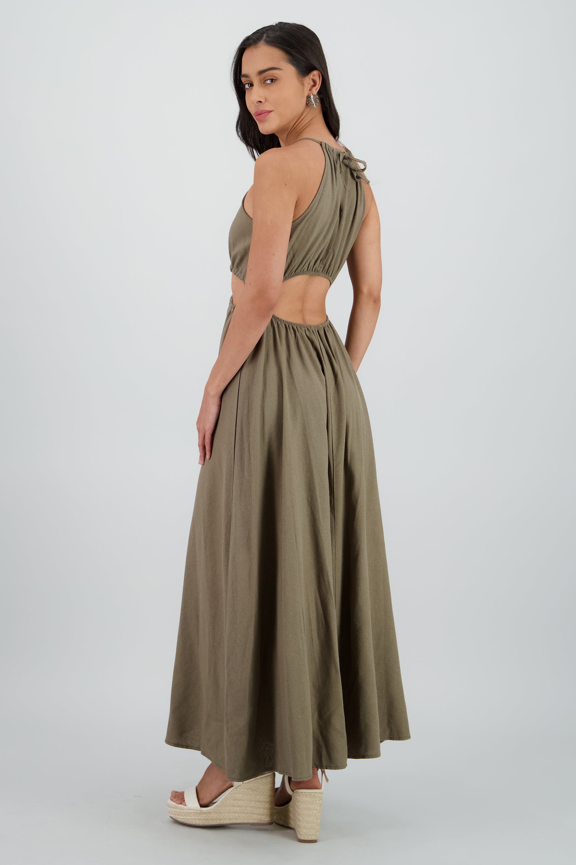 Vestido cut out maxi lino OLIVO