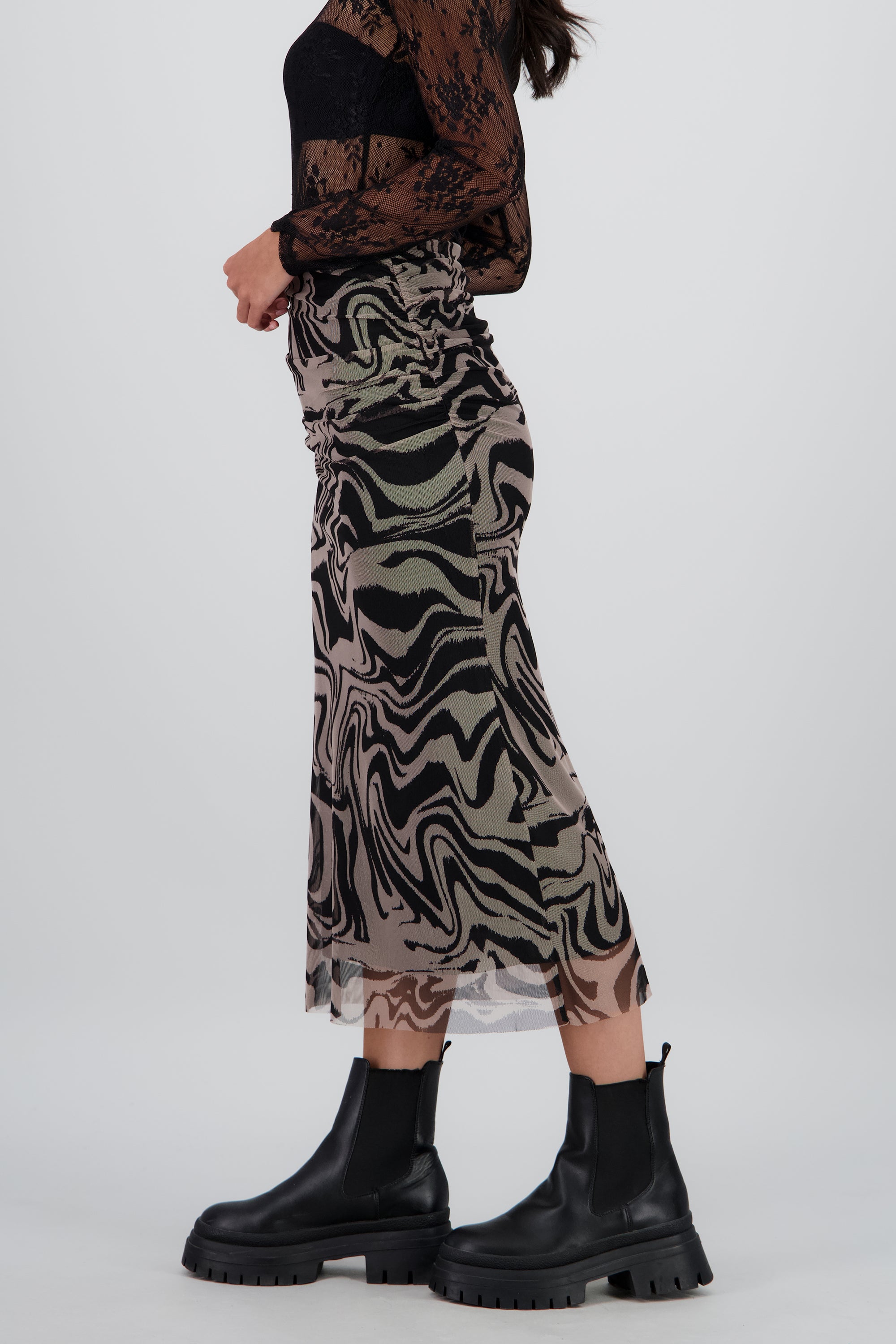 Falda midi drapeada mesh NEGRO COMBO