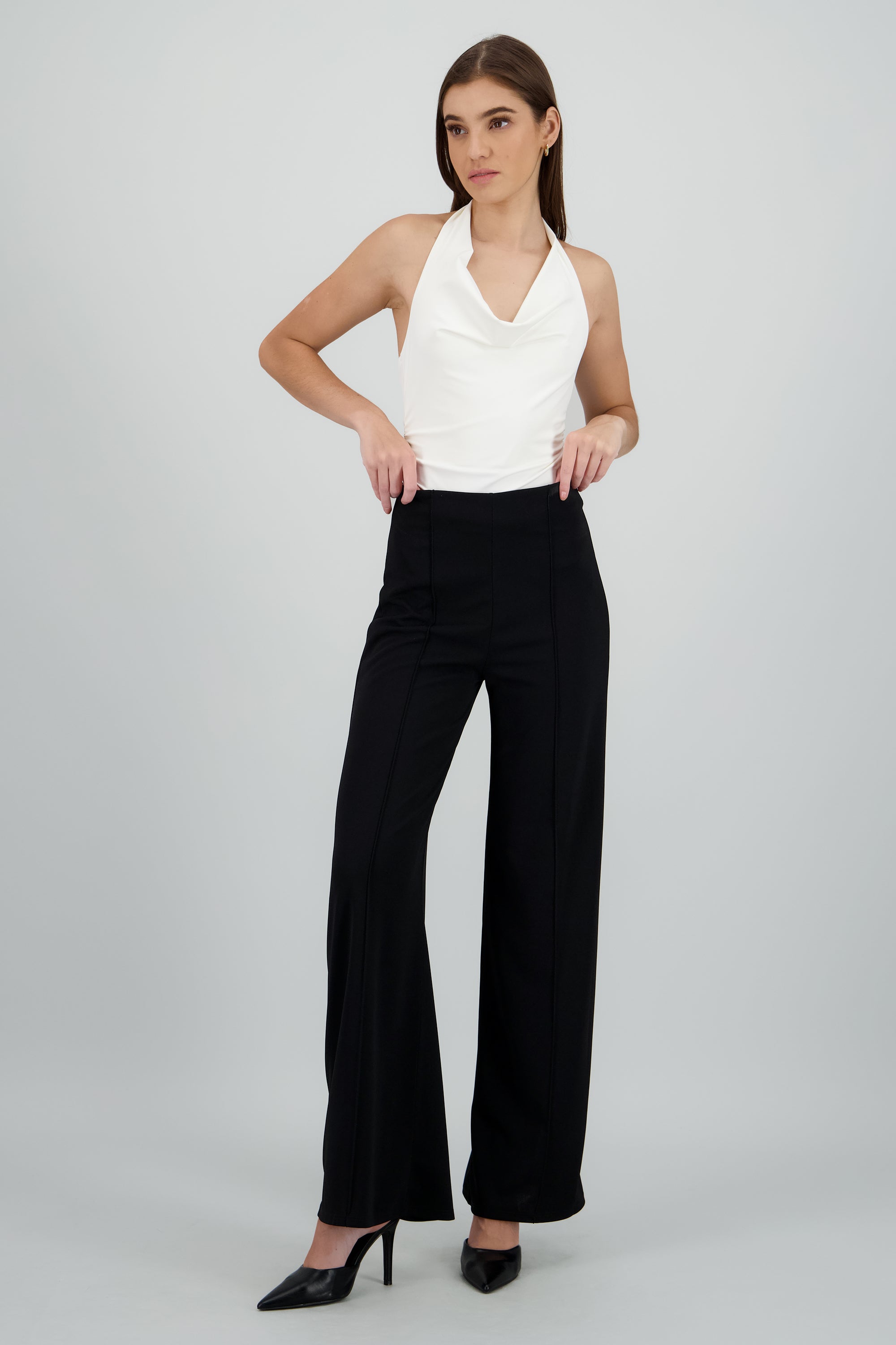 Pantalón Wide Leg Cintura Alta Costuras NEGRO