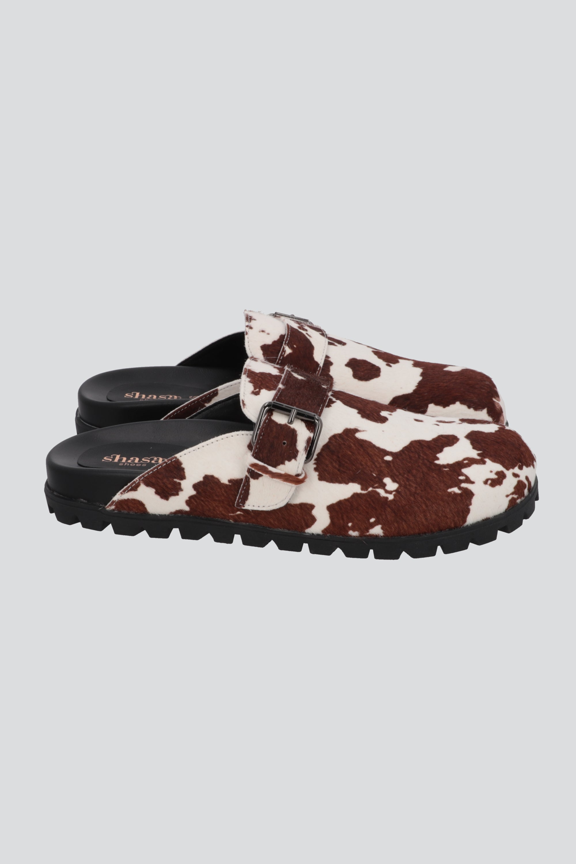Sueco mula print de vaca 100% piel CAFE