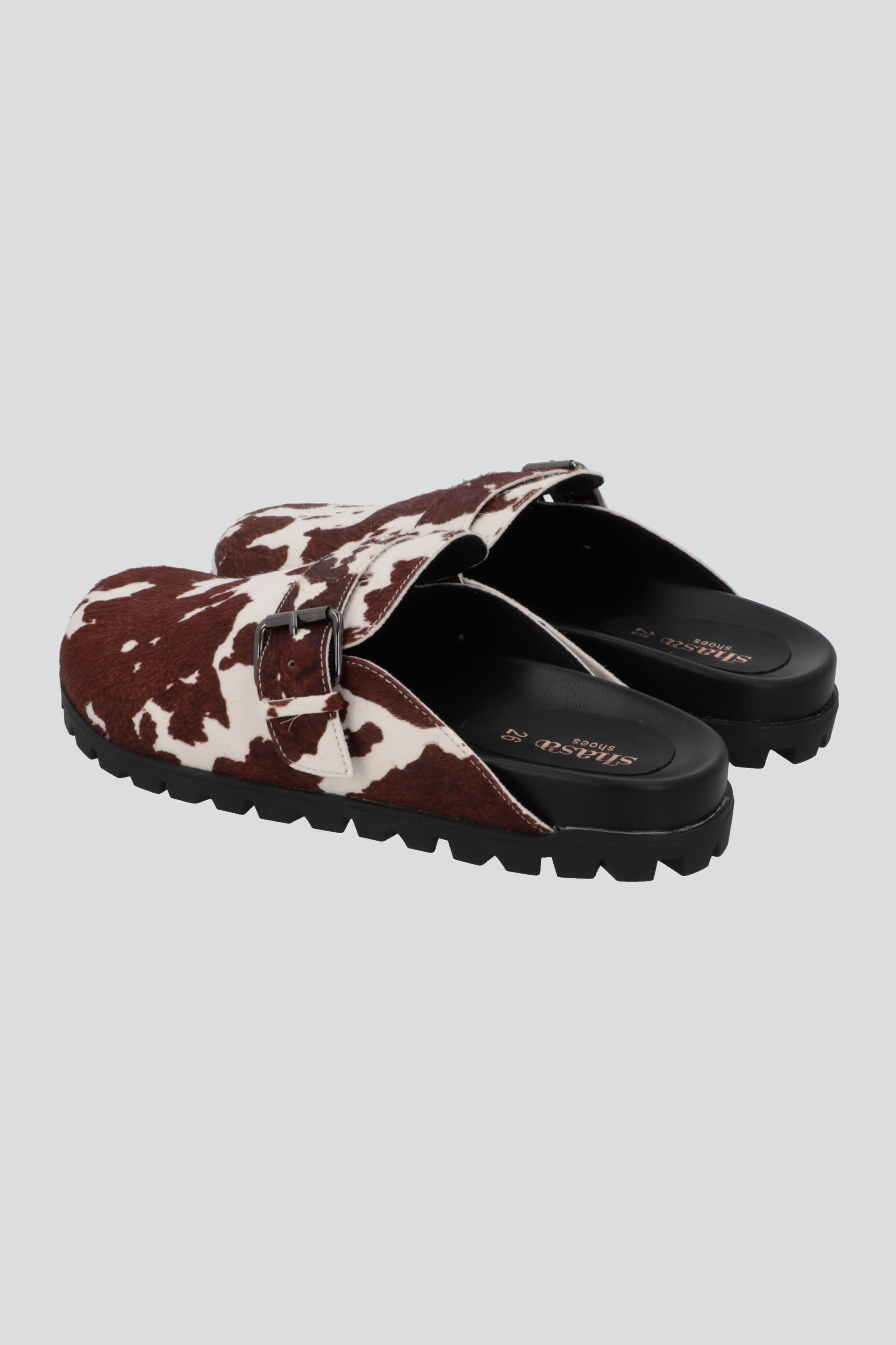 Sueco mula print de vaca 100% piel CAFE
