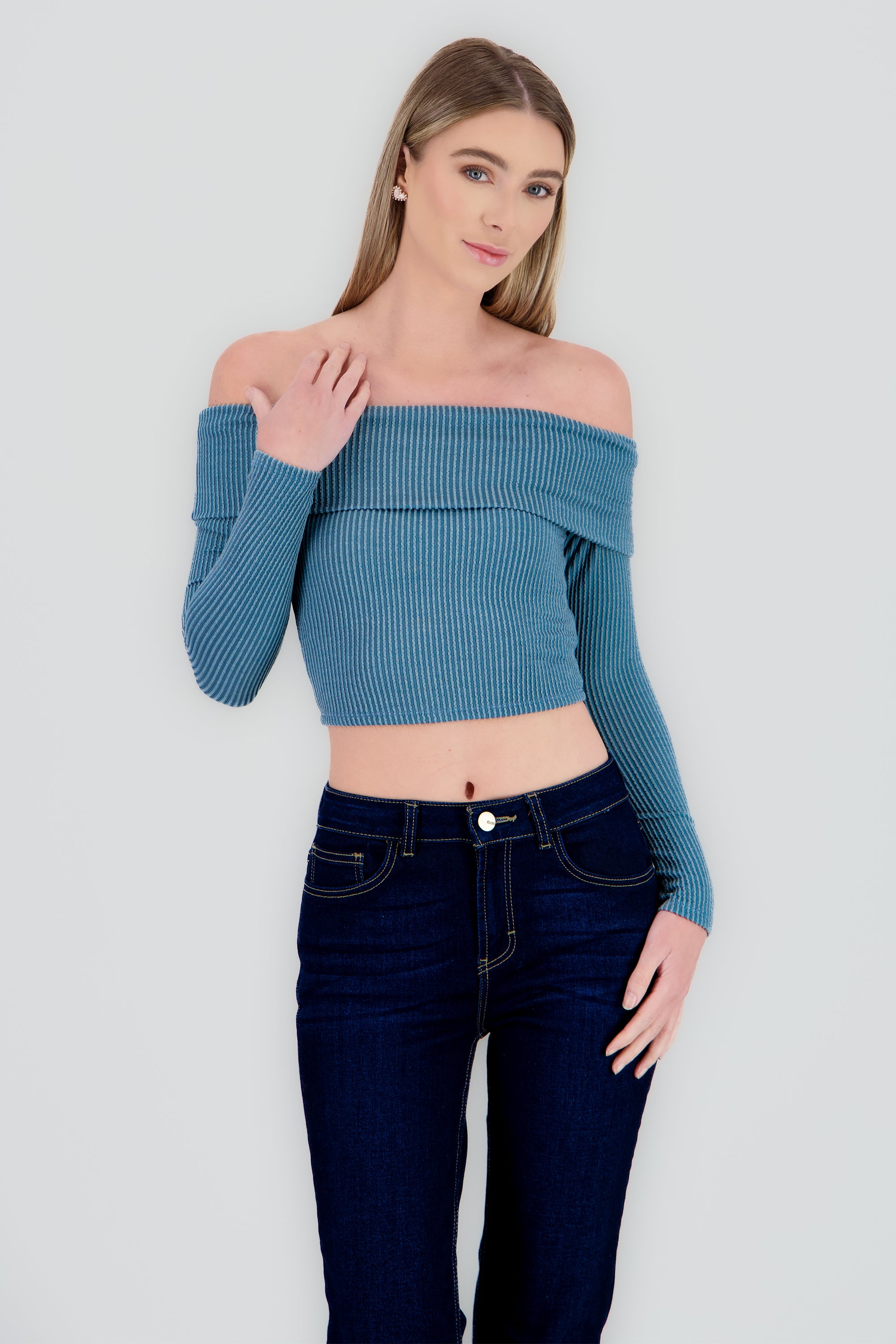 Top Sin Hombros Textura Rib AZUL PATO