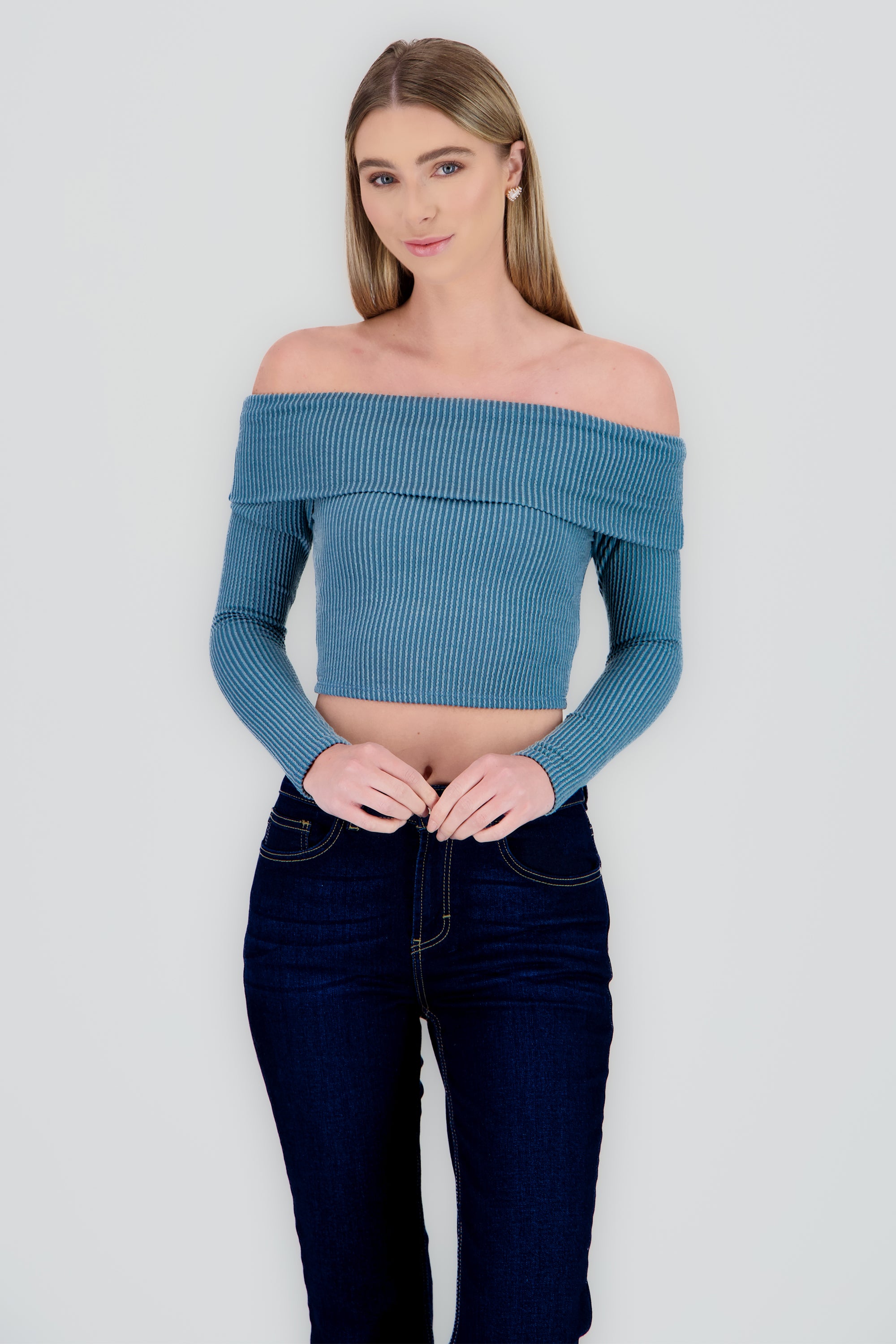 Top Sin Hombros Textura Rib AZUL PATO