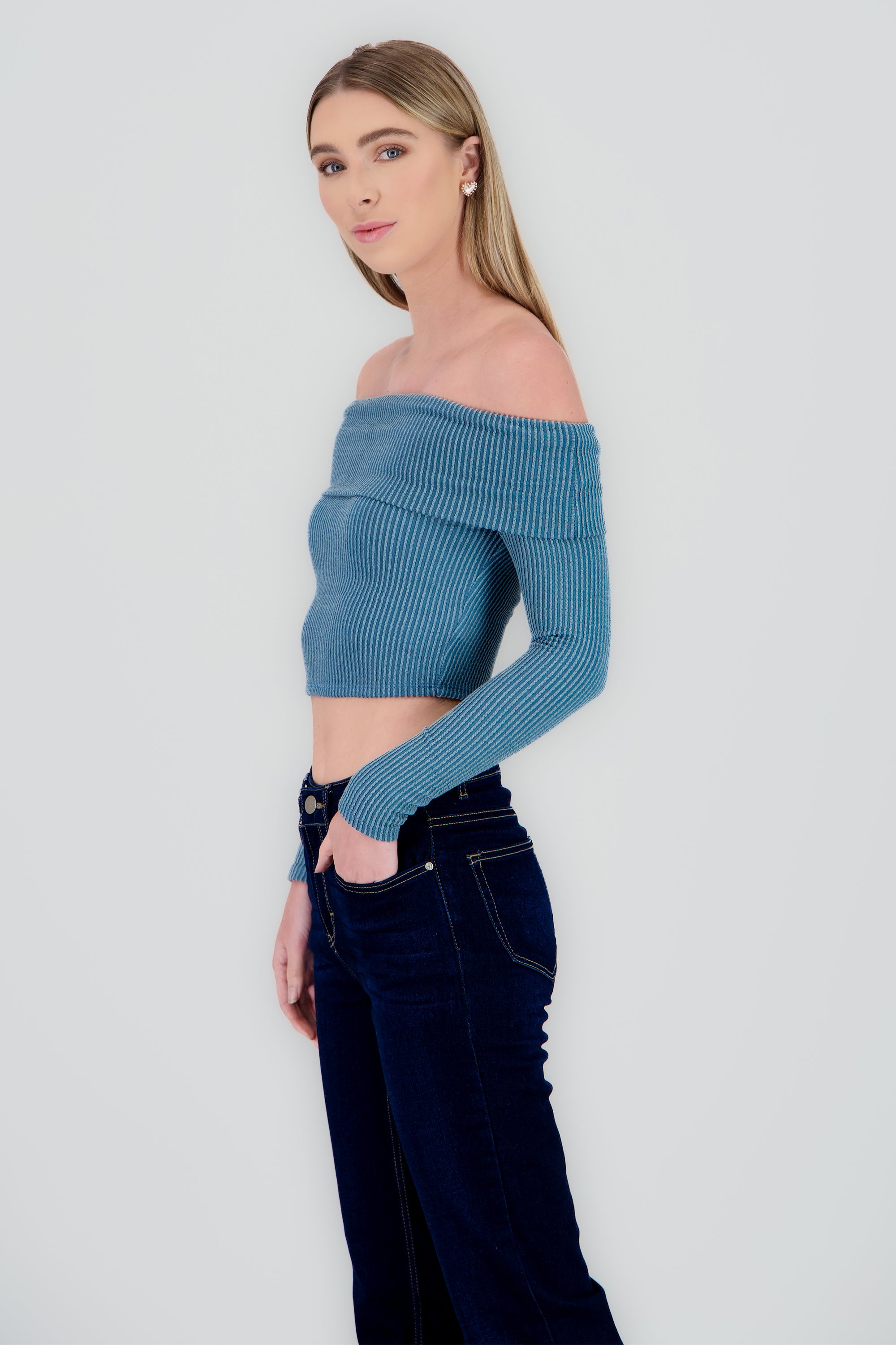 Top Sin Hombros Textura Rib AZUL PATO