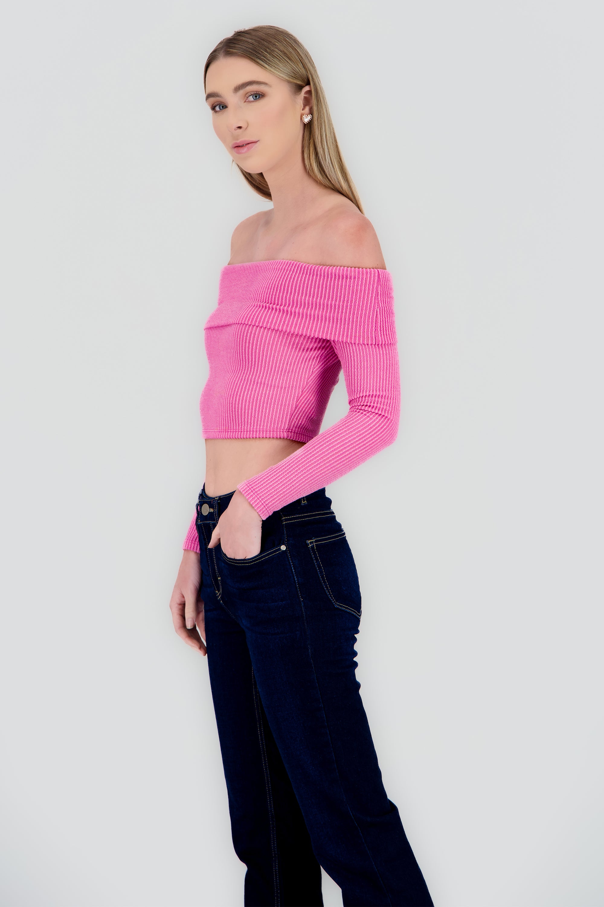 Top Sin Hombros Textura Rib ROSA BRILLANTE