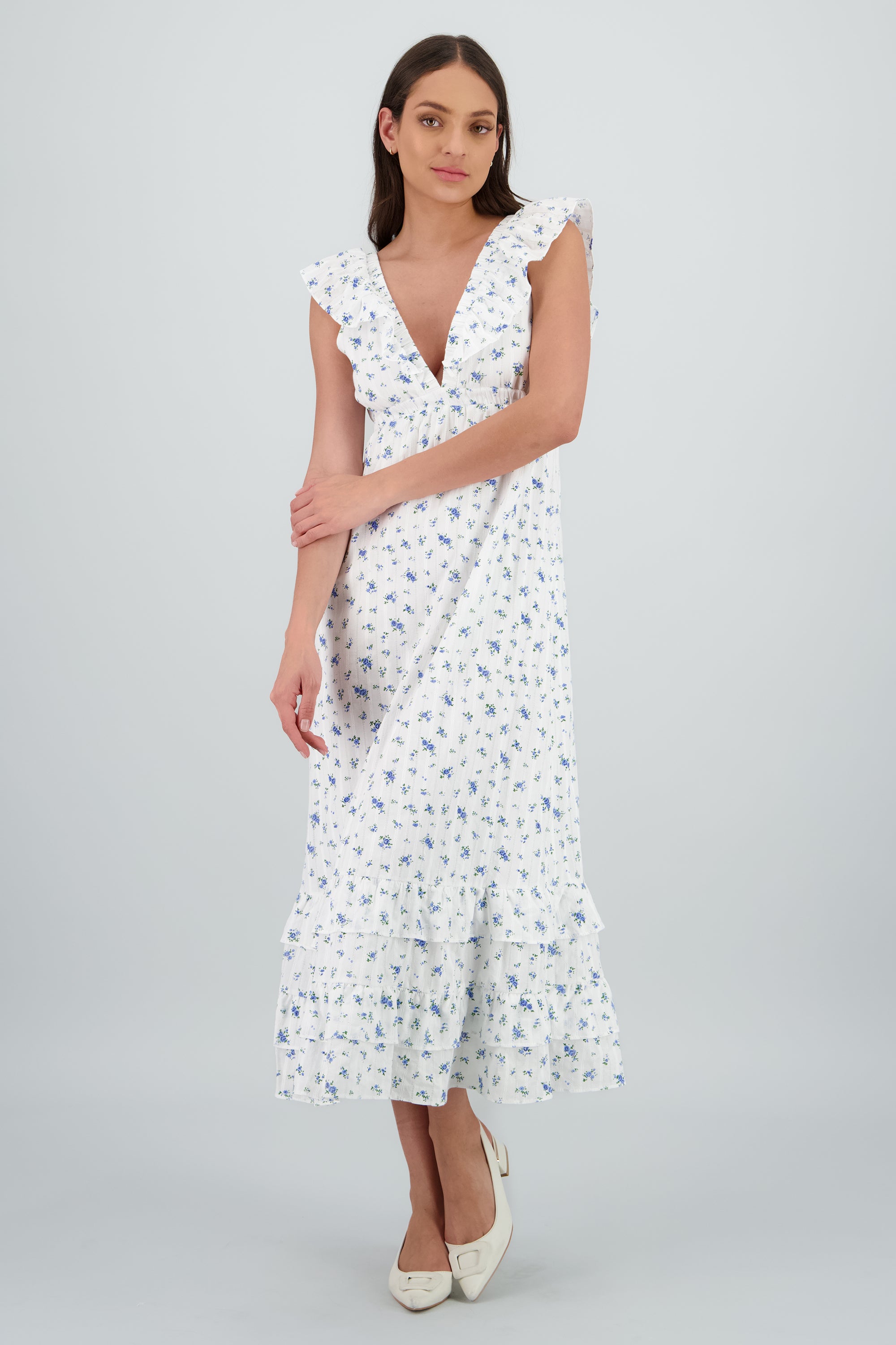 Vestido con escote de olanes de flores BLANCO COMBO