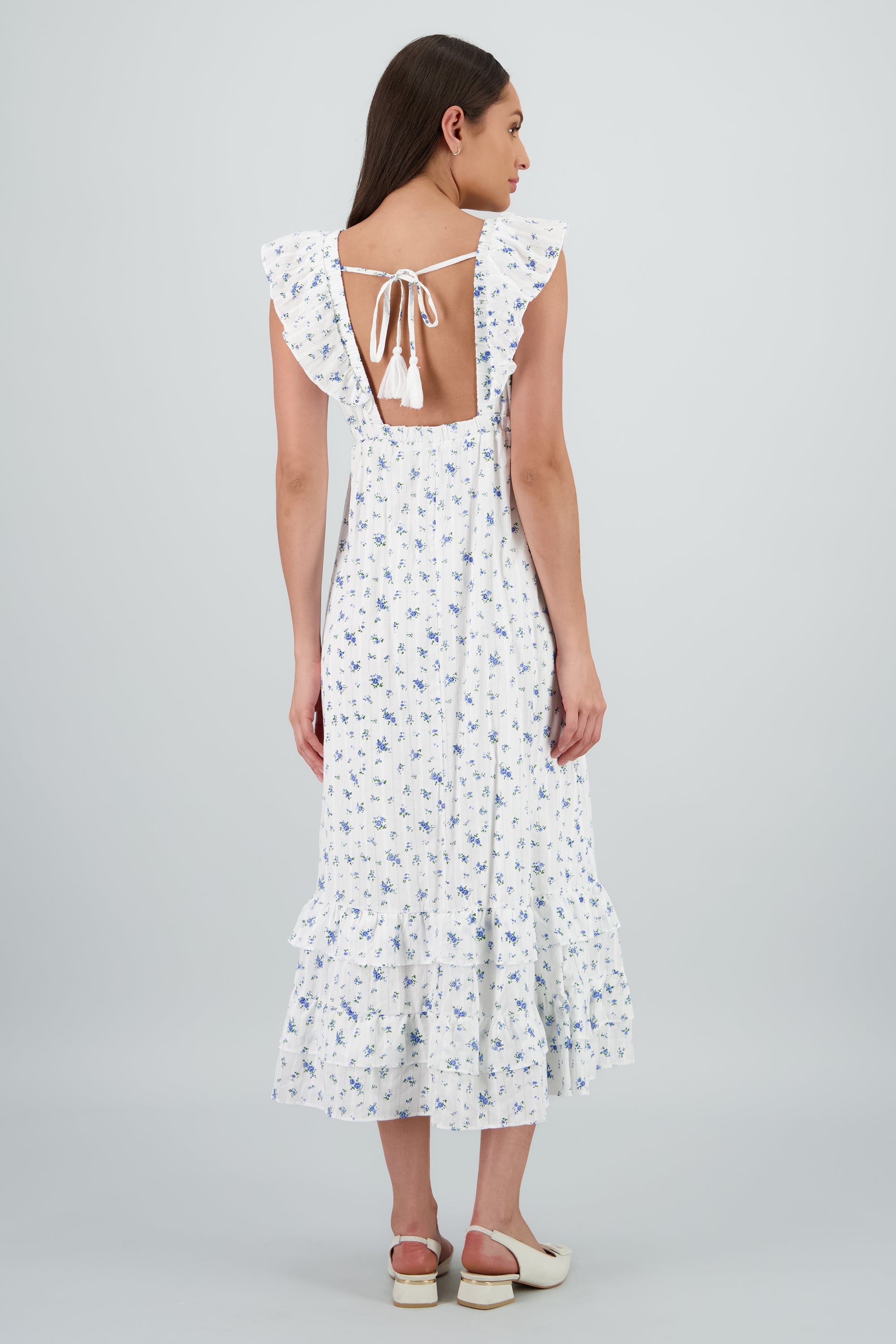 Vestido con escote de olanes de flores BLANCO COMBO