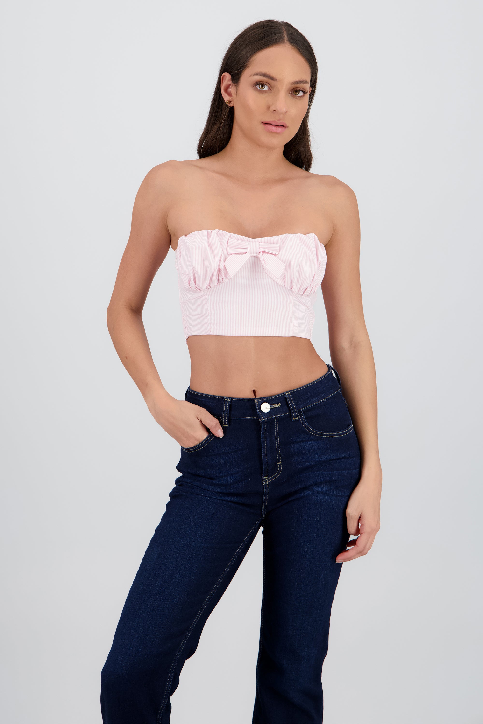 Top crop detalle frunces moño ROSA COMBO