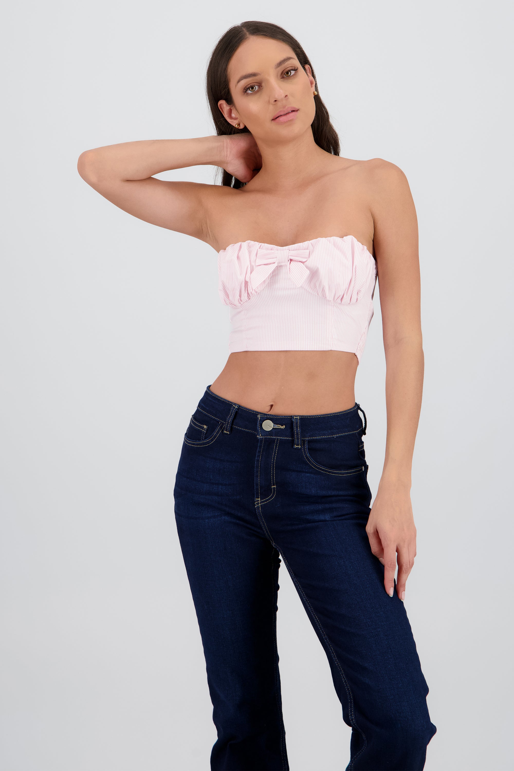 Top crop detalle frunces moño ROSA COMBO