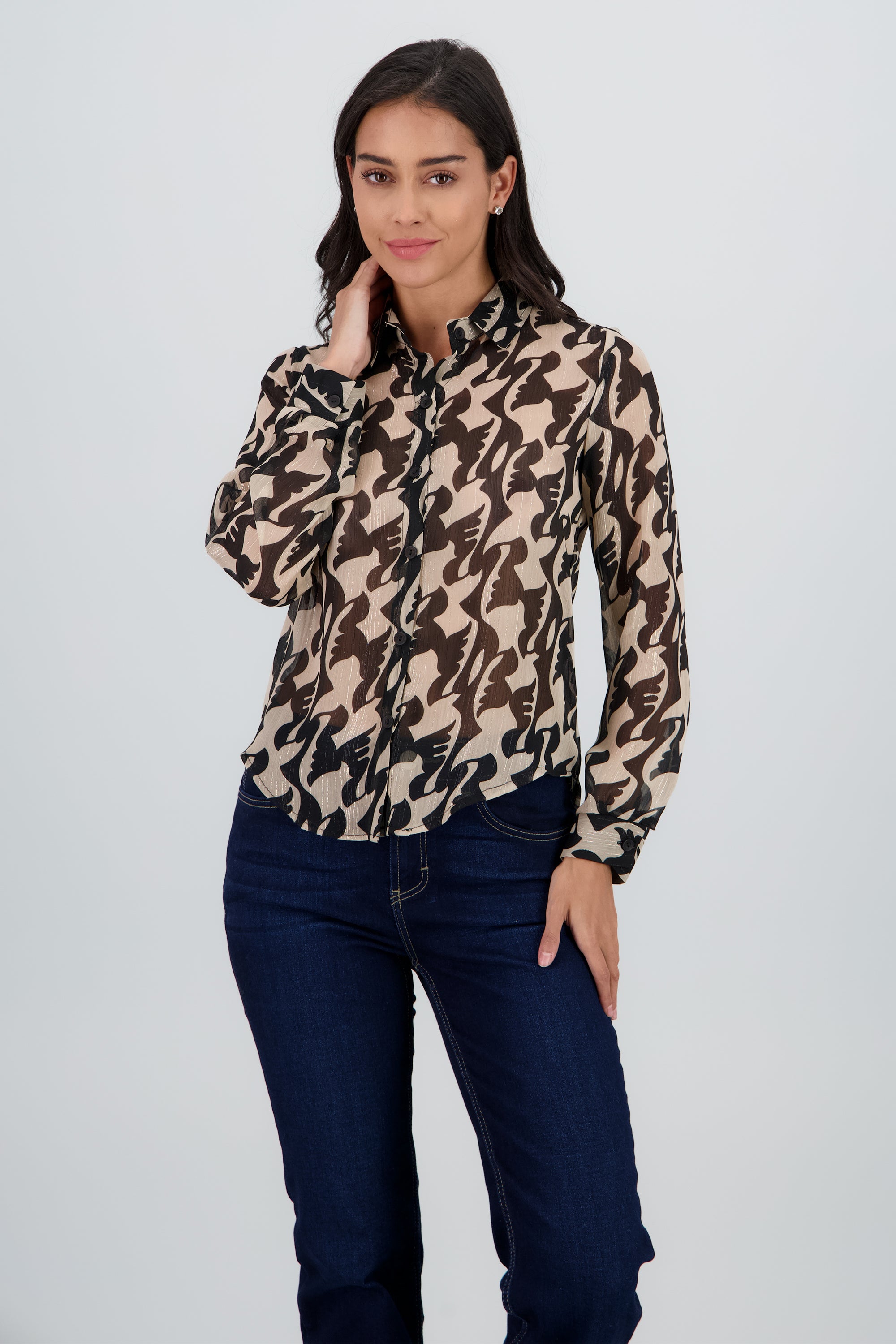 Camisa manga larga estampada lurex NEGRO COMBO