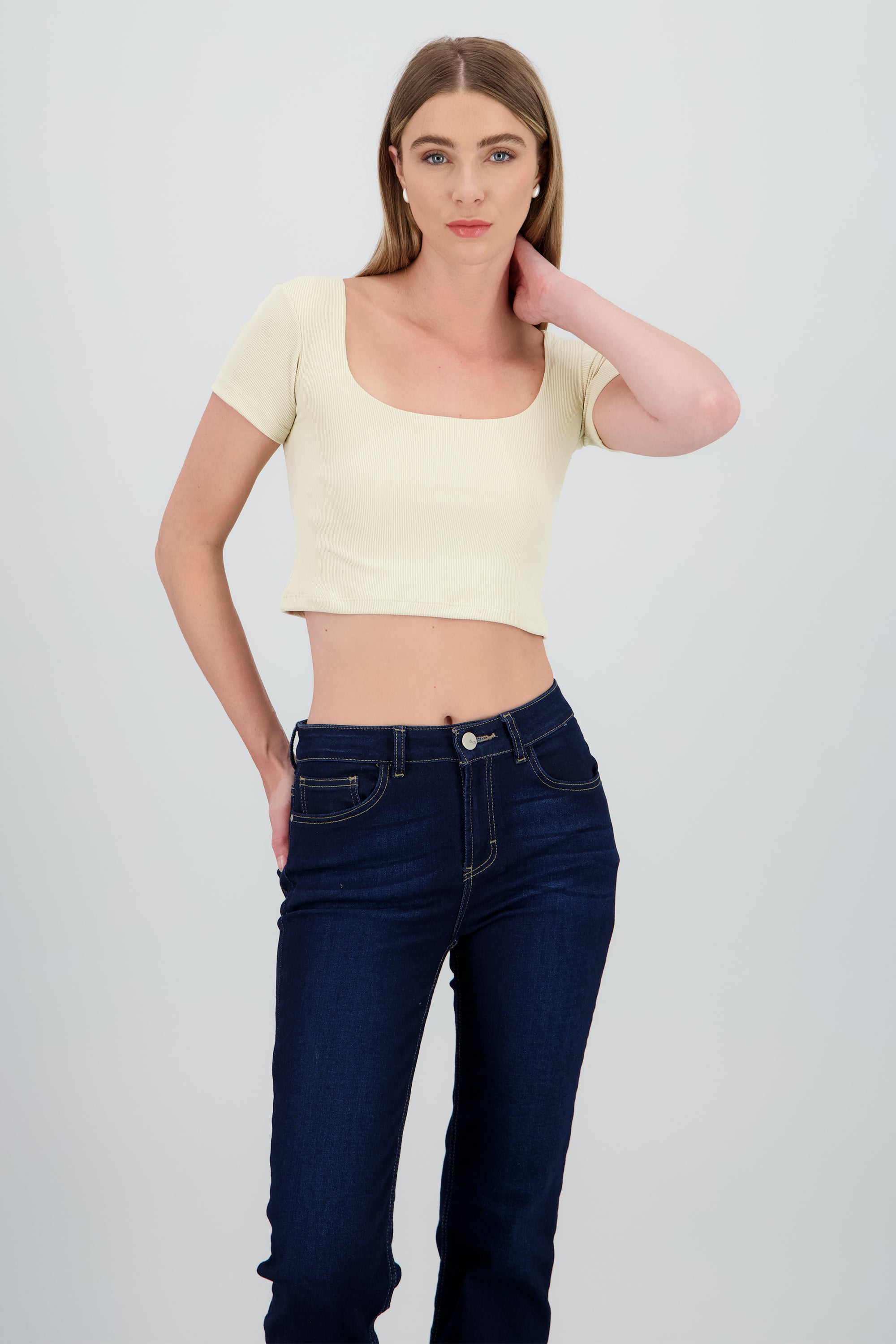 Top de escote cuadrado de rib liso HUESO